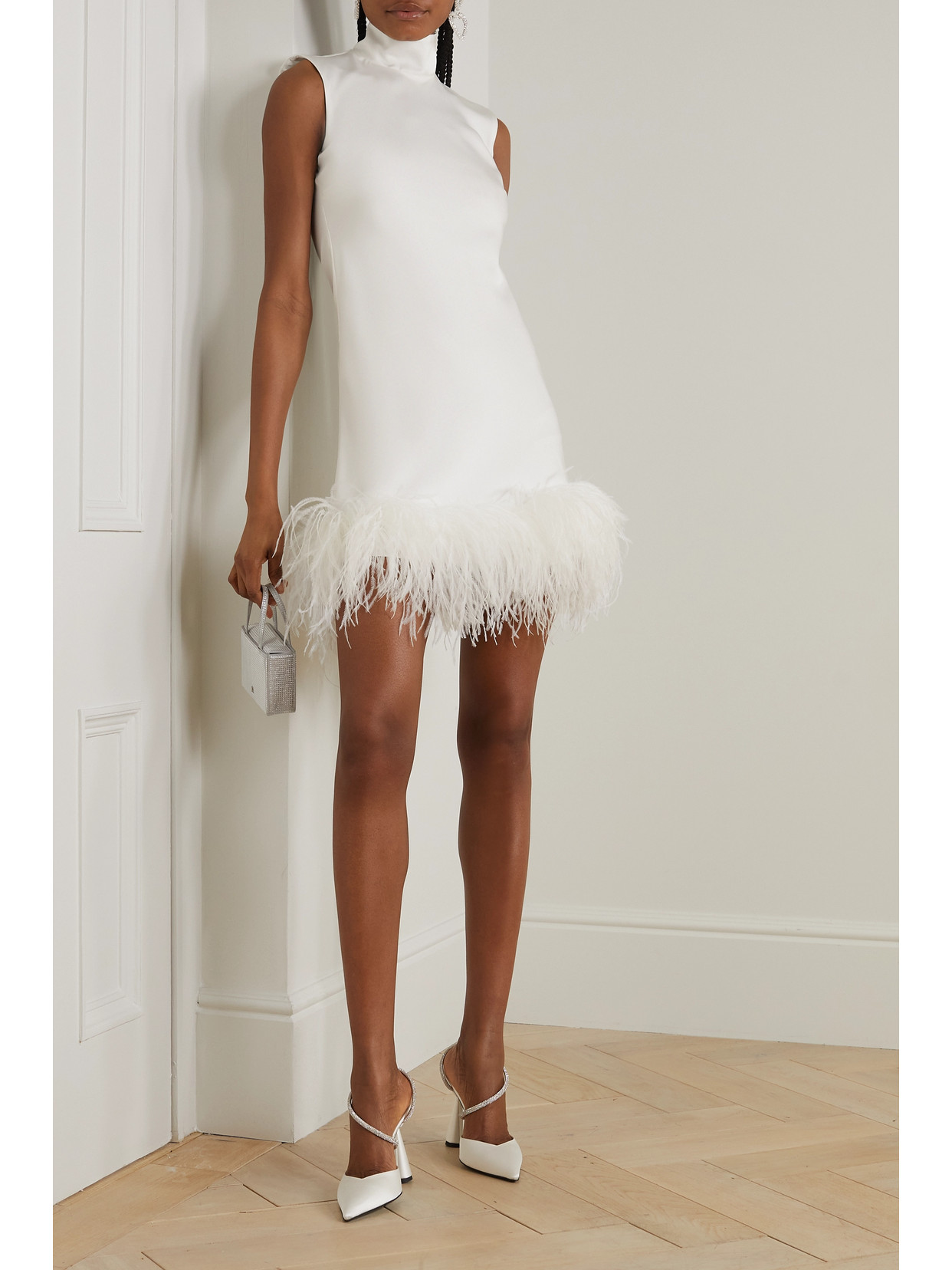 Shop 16arlington Umiko Feather-trimmed Satin Mini Dress In White