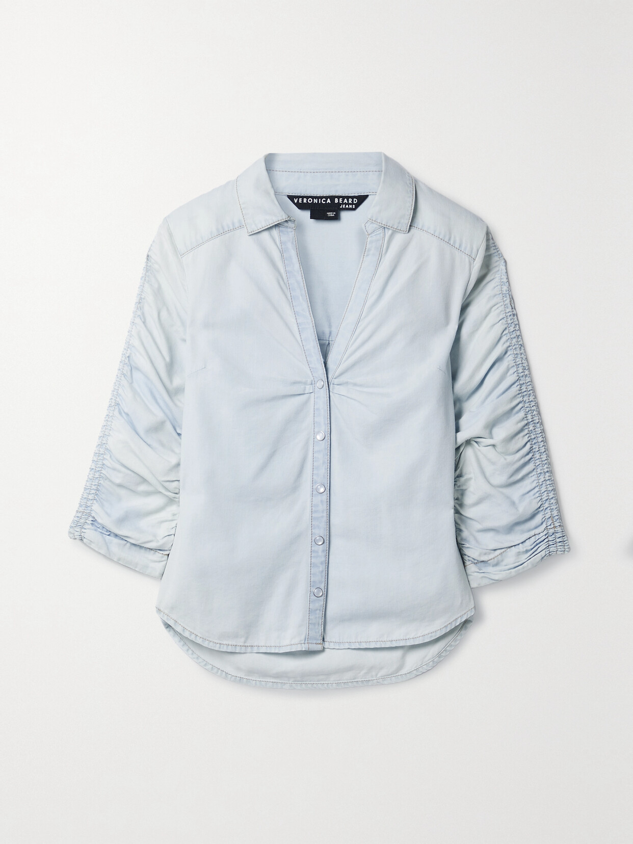 VERONICA BEARD PORTA SHIRRED COTTON AND TENCEL-BLEND CHAMBRAY SHIRT