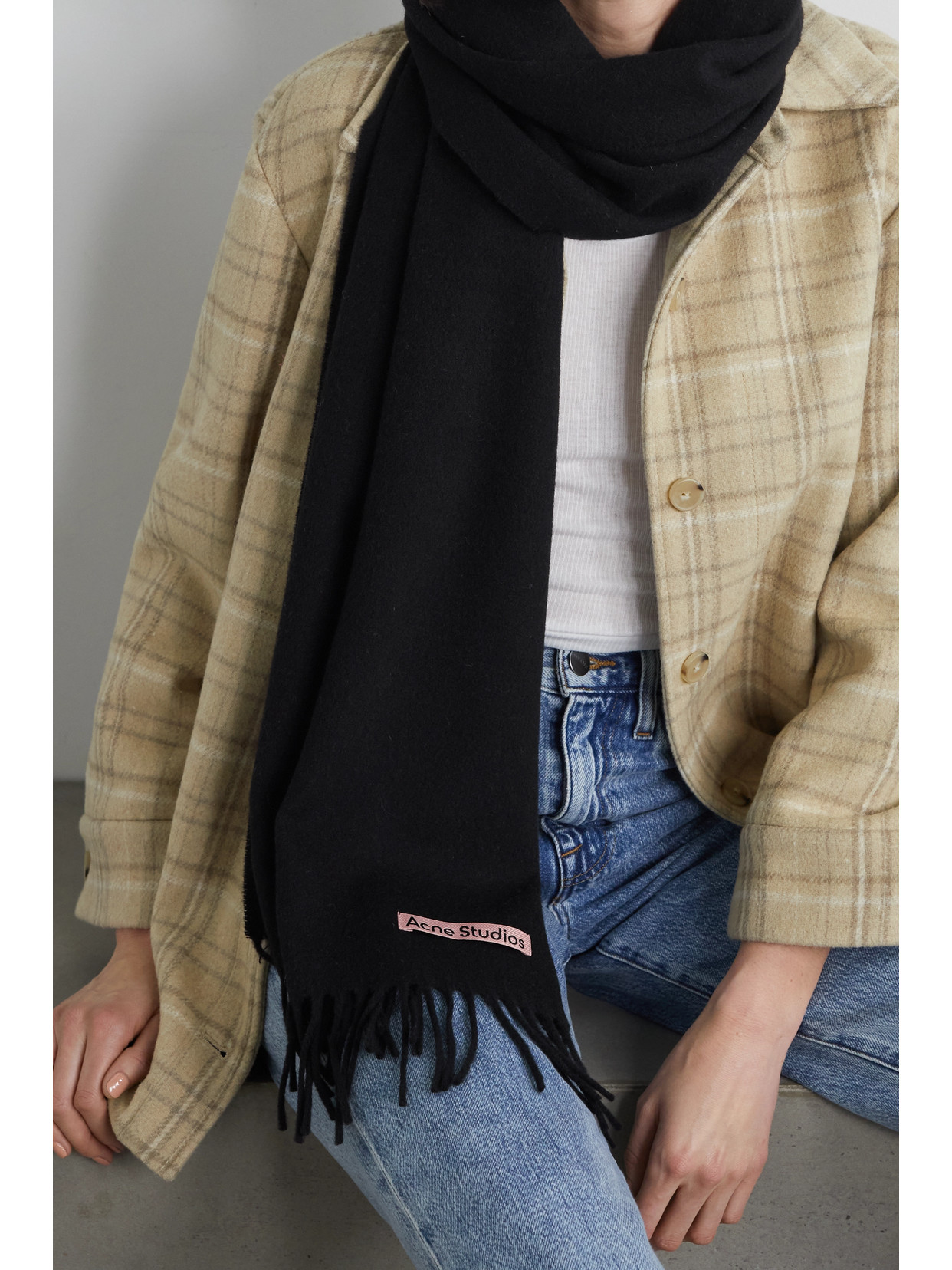 Shop Acne Studios Canada Narrow Fringed Wool Scarf In Black