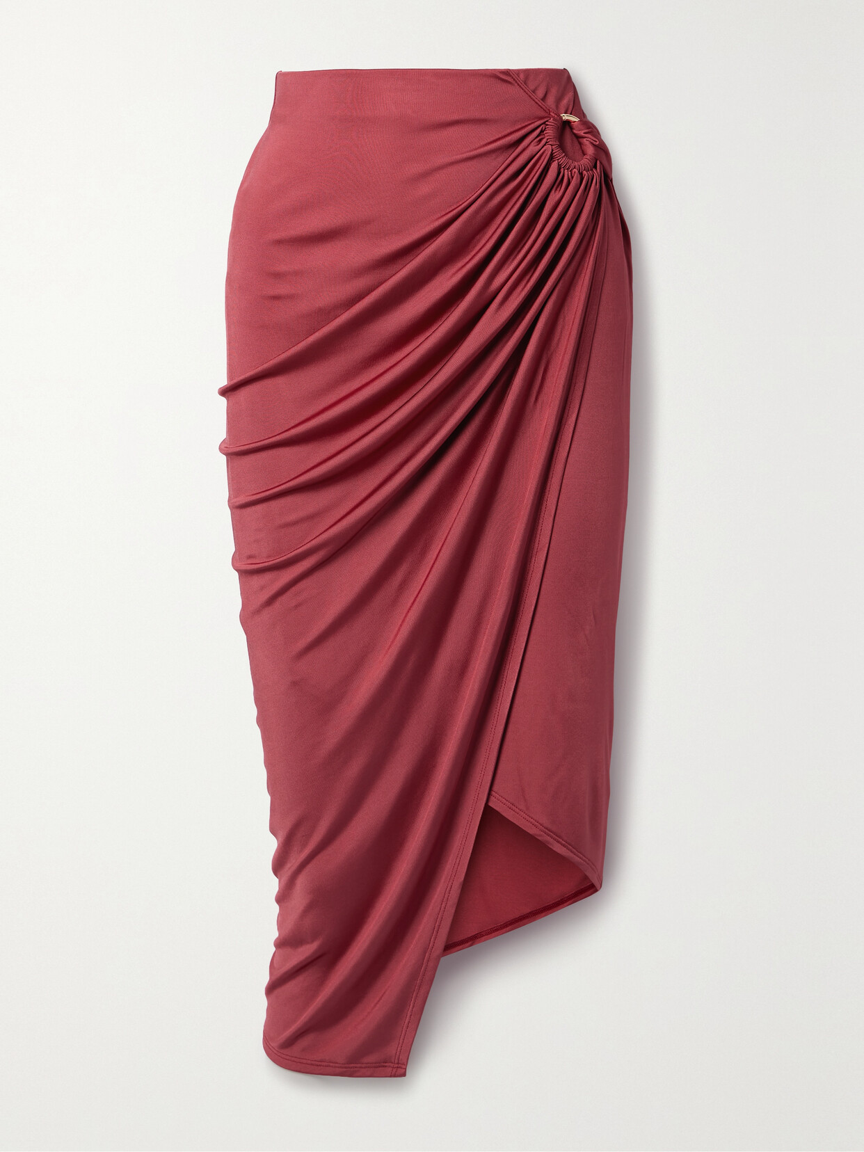 Louisa Ballou - Coastline Embellished Wrap-effect Stretch-jersey Midi Skirt - Burgundy