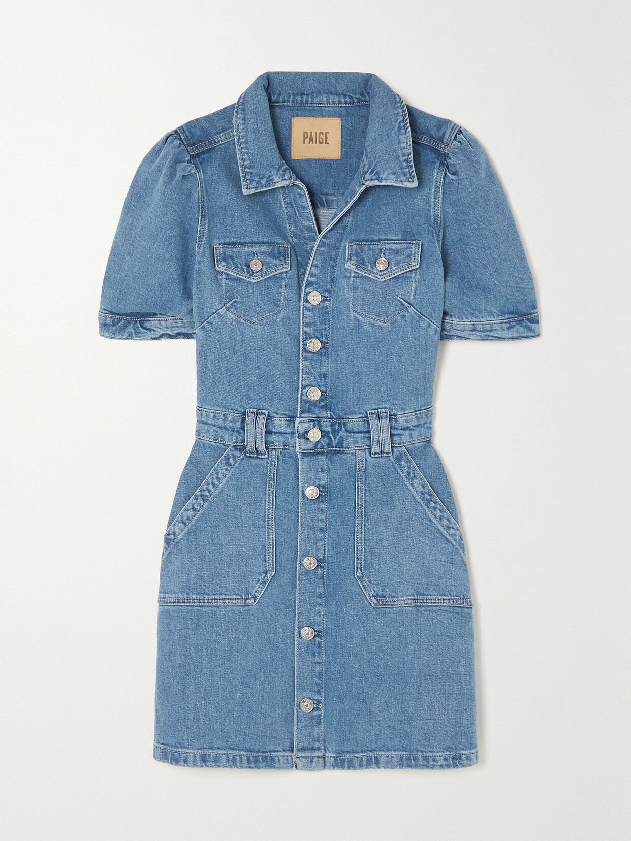 PAIGE MAYSLIE TOPSTITCHED DENIM MINI DRESS