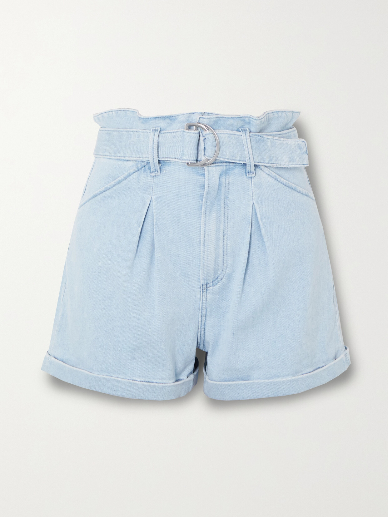 PAIGE - Carly Belted Pleated Denim Shorts - Blue