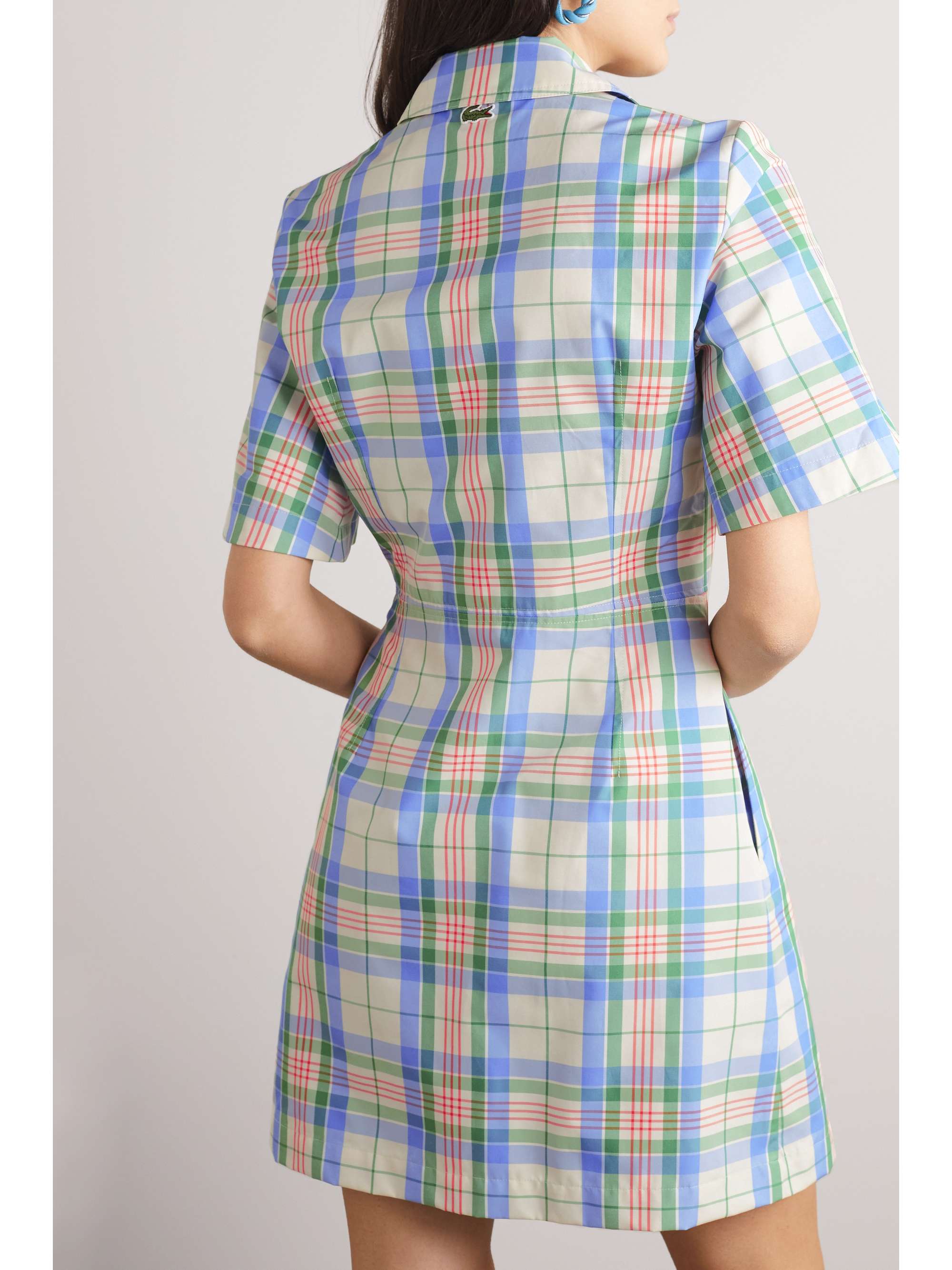 LACOSTE Appliquéd checked cotton-blend mini shirt dress
