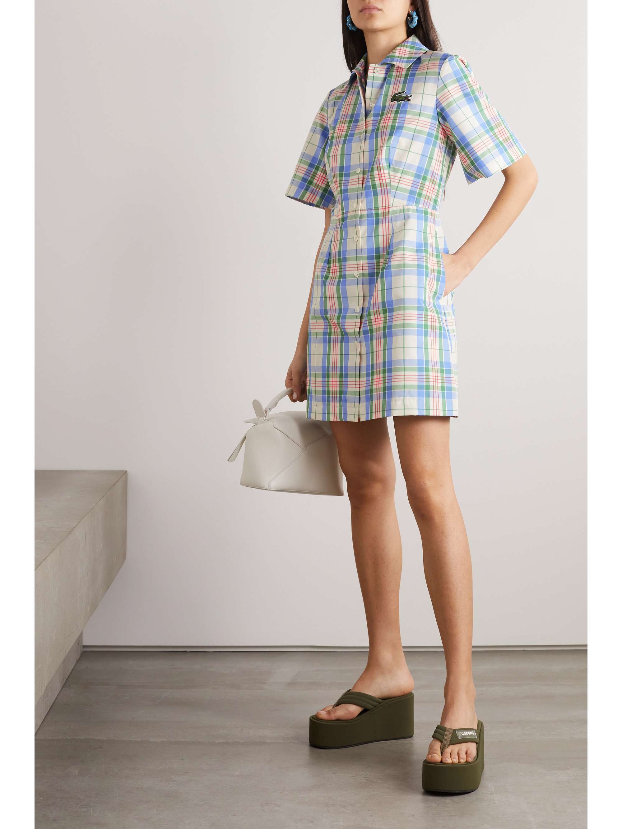 LACOSTE Appliquéd checked cotton-blend mini shirt dress