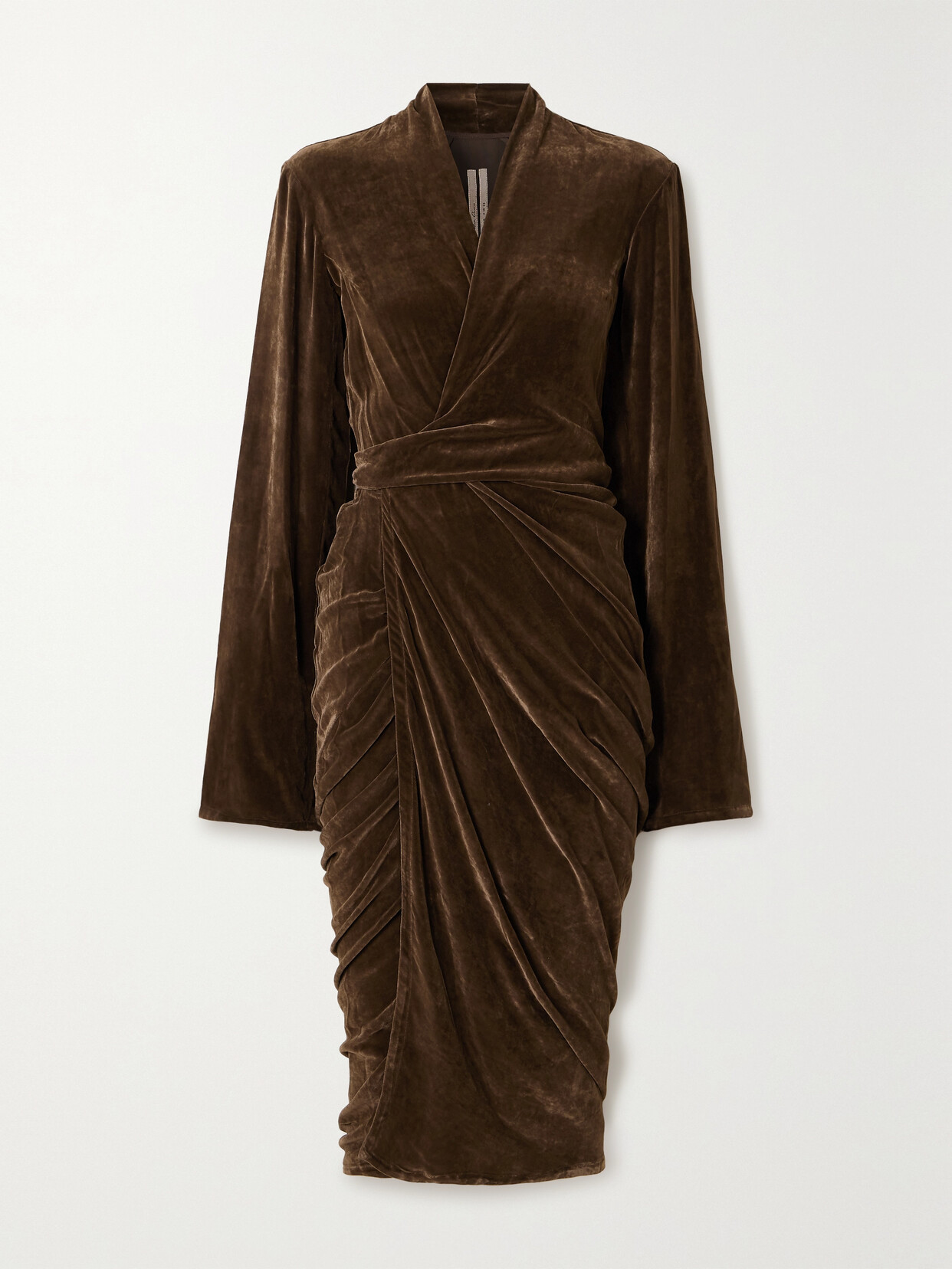 Shop Rick Owens Draped Velvet Wrap Midi Dress In Brown