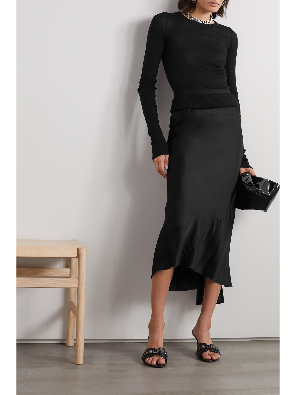 Shop Rick Owens Ribbed Knit-paneled Duchesse-satin Midi Skirt In Black