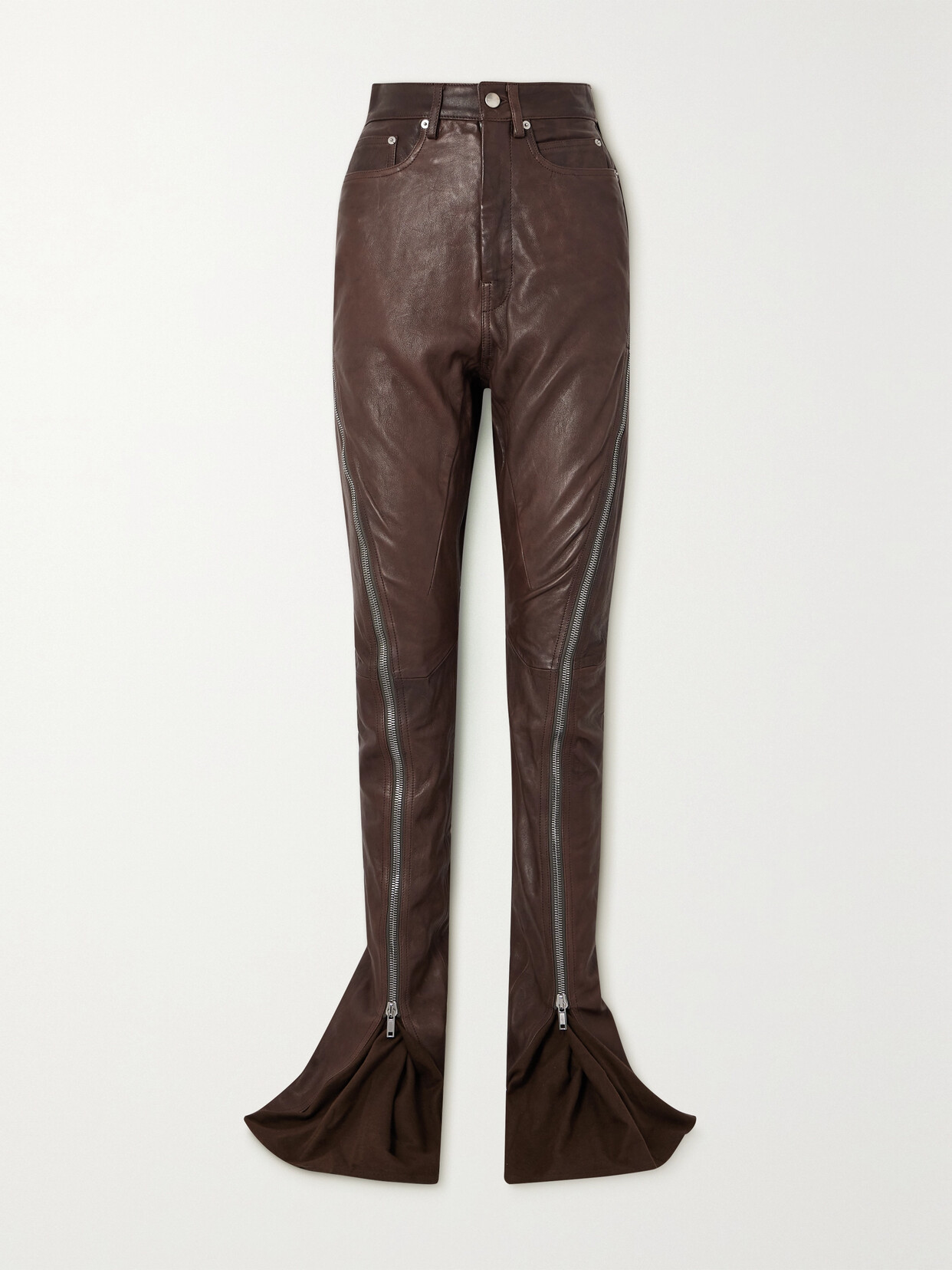 Rick Owens Bolan Banana Cotton-paneled Leather Flared Trousers In Brown