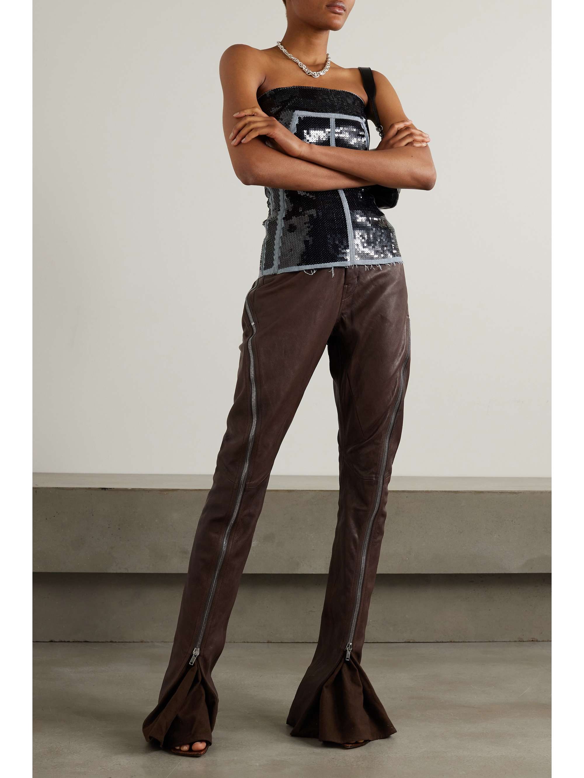 RICK OWENS Bolan Banana cotton-paneled leather flared pants | NET-A-PORTER