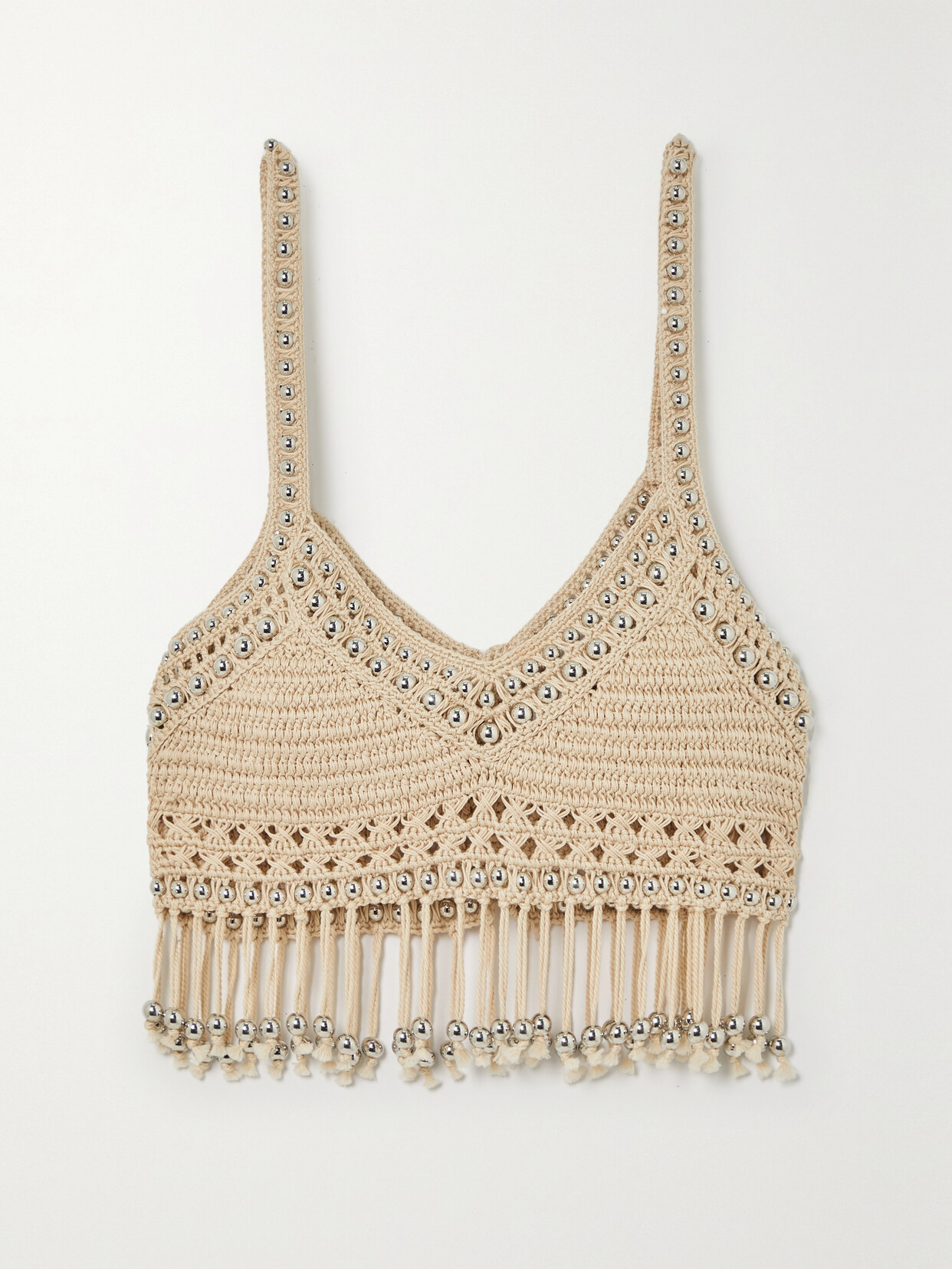 Rabanne Cropped Tasseled Bead-embellished Crocheted Cotton Camisole - Neutrals