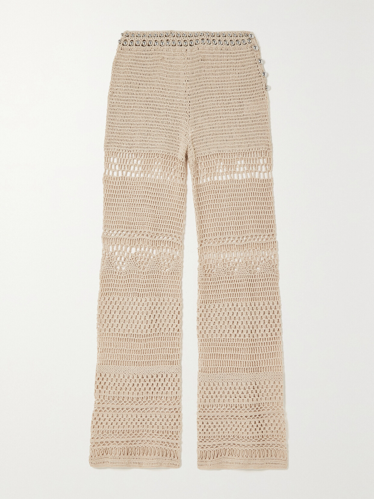 Rabanne - Embellished Crocheted Cotton Flared Pants - Neutrals