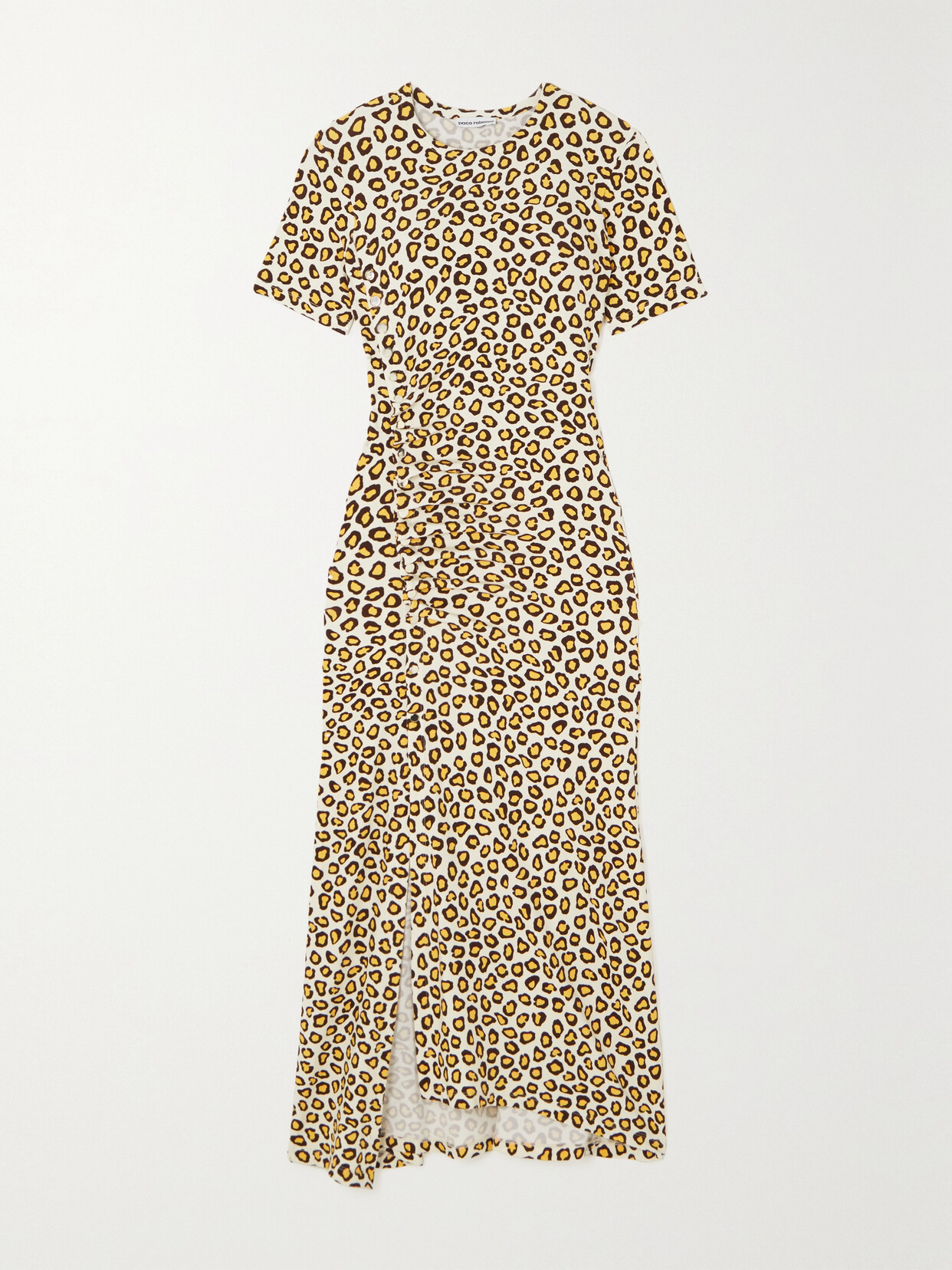 PACO RABANNE RUCHED LEOPARD-PRINT JERSEY MIDI DRESS