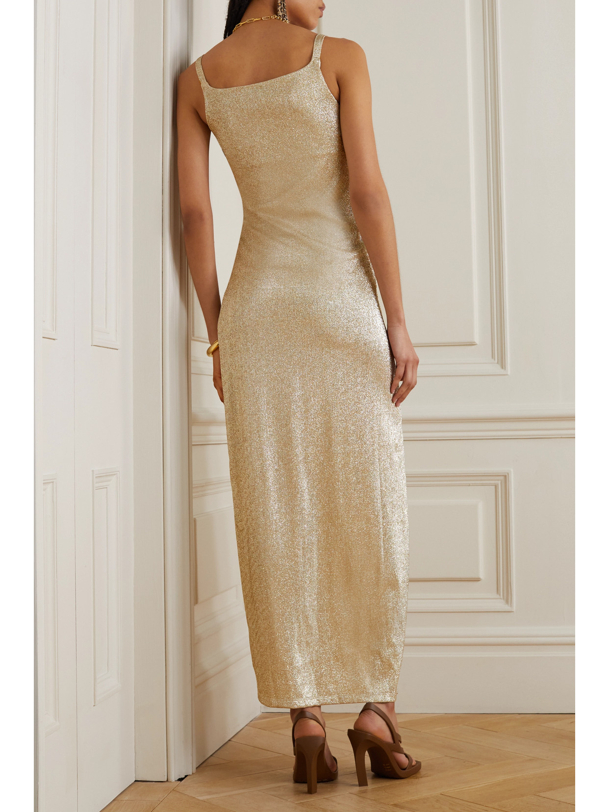 Rabanne Scoop-neck Ruched Stretch-woven Maxi Dress In Gold