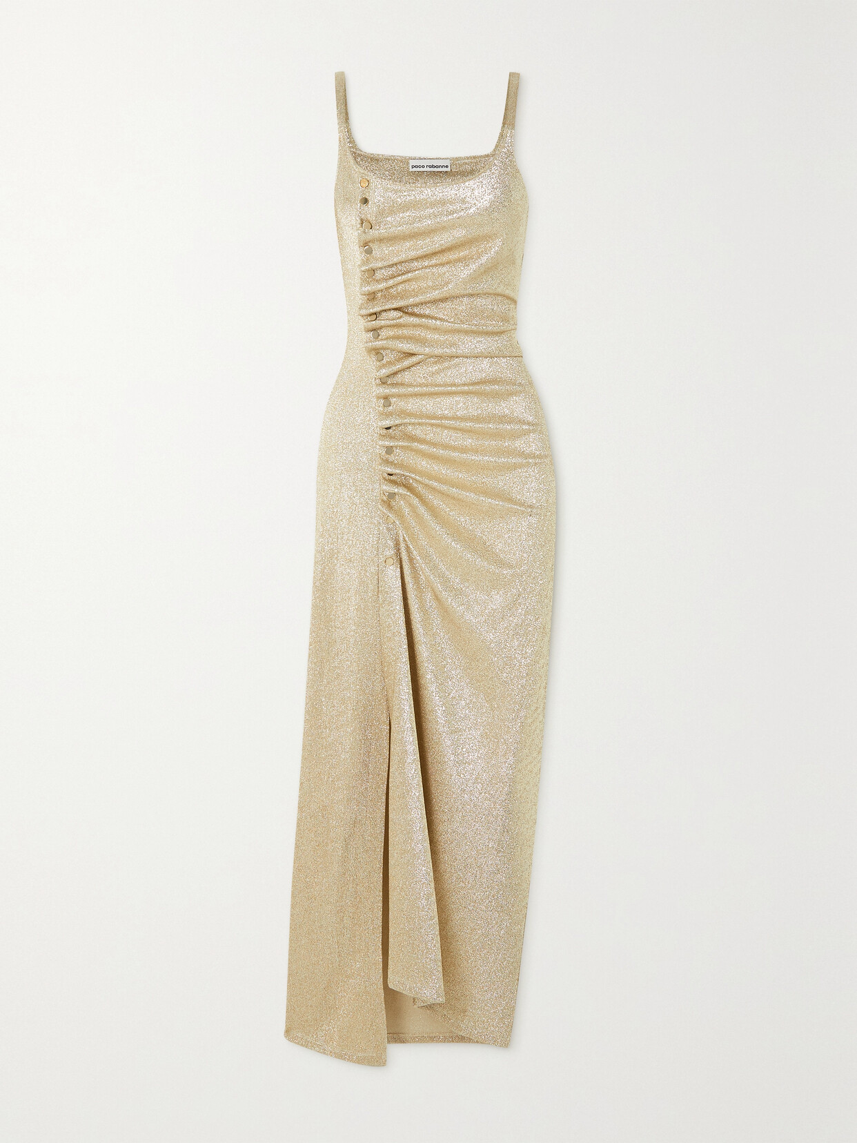 Rabanne Scoop-neck Ruched Stretch-woven Maxi Dress In Sliver/gold