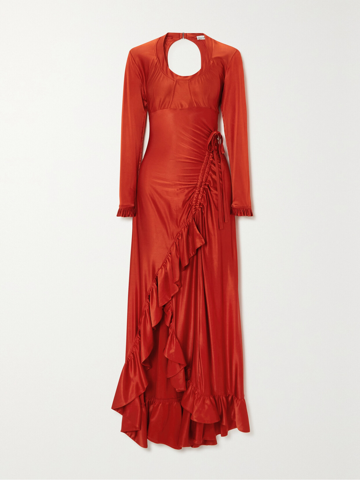 Rabanne Ruffle-trimmed Satin-jersey Maxi Dress In Red