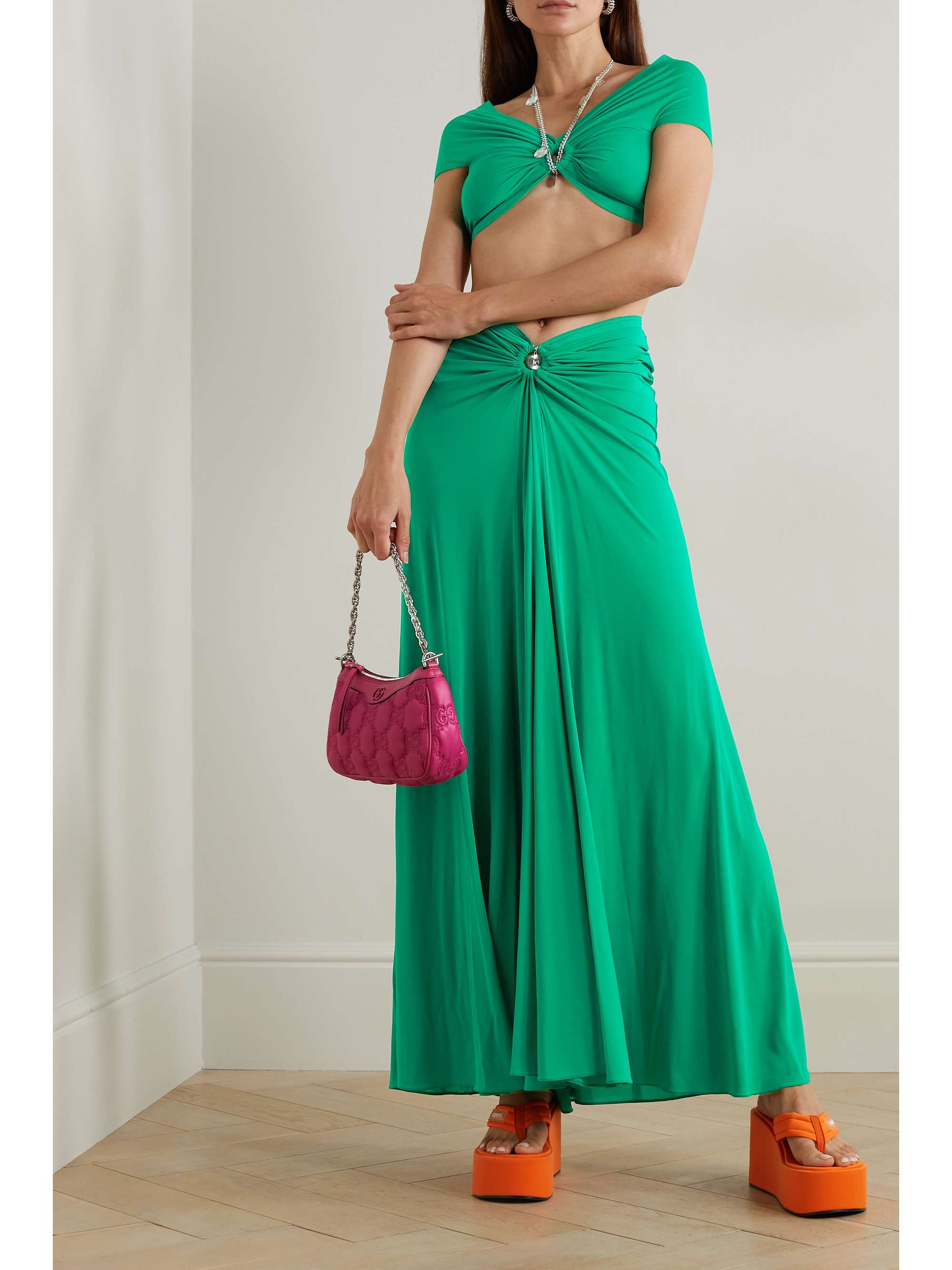 PACO RABANNE Embellished gathered stretchjersey maxi skirt NETAPORTER