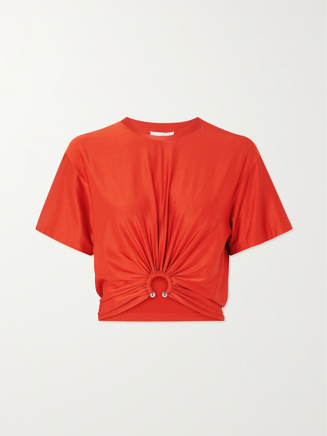 Rabanne Embellished Ruched Glossed-jersey T-shirt In Red
