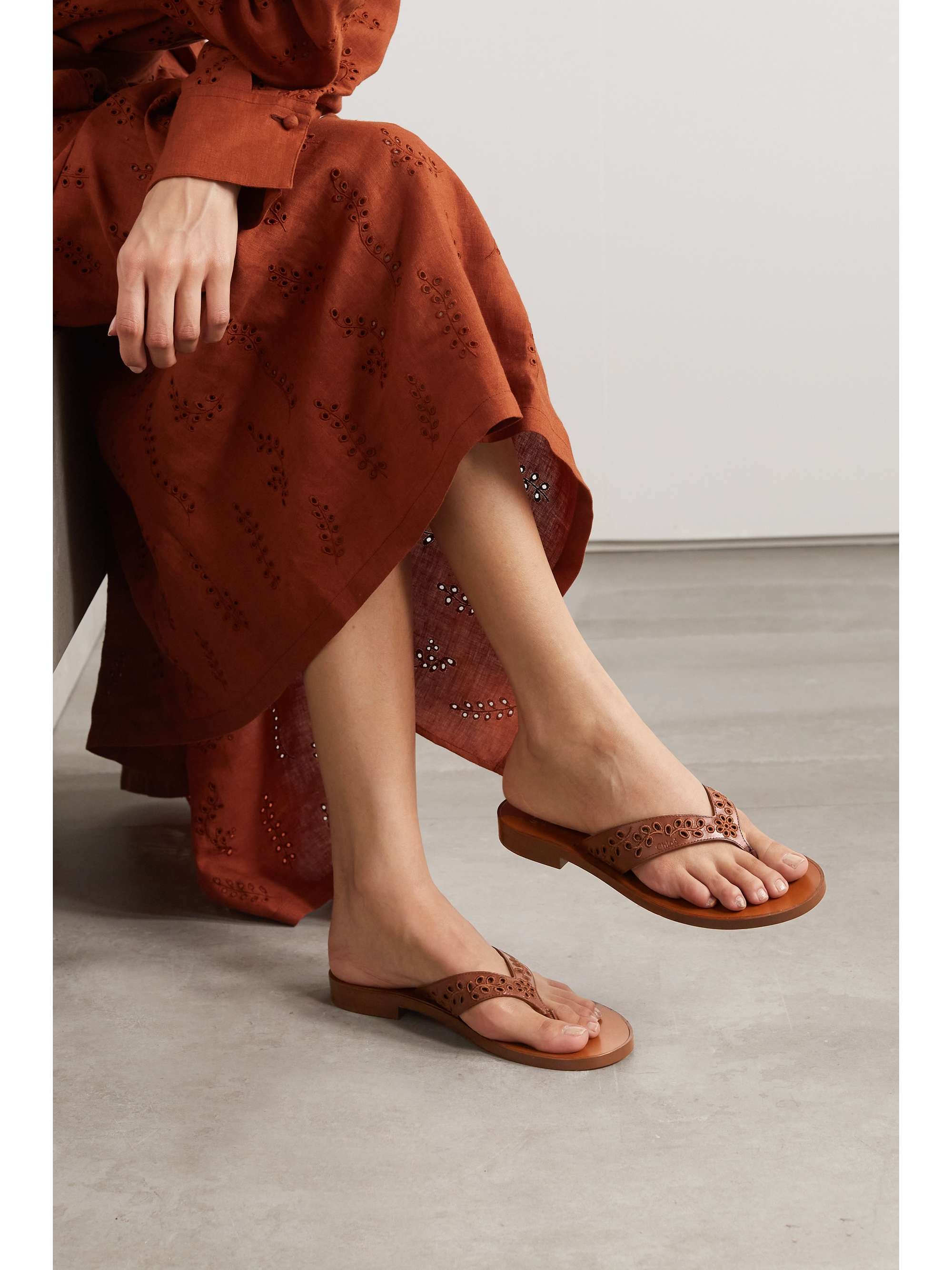 CHLOÉ + NET SUSTAIN + Eres broderie anglaise leather flip flops