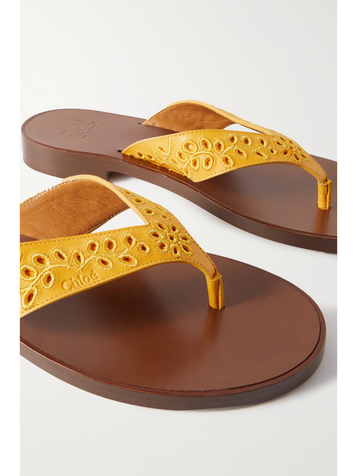 Chloé + Net Sustain + Eres Broderie Anglaise Leather Flip Flops In Yellow