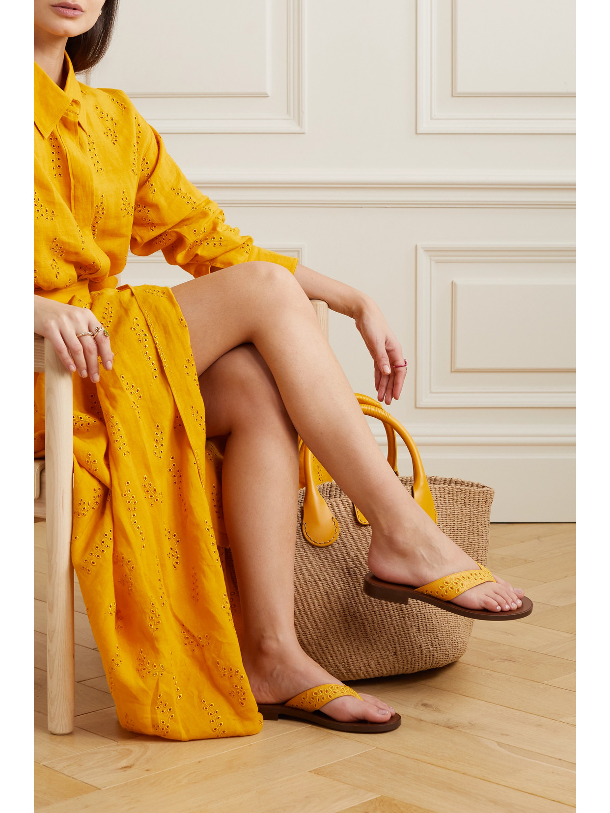 Chloé + Net Sustain + Eres Broderie Anglaise Leather Flip Flops In Yellow