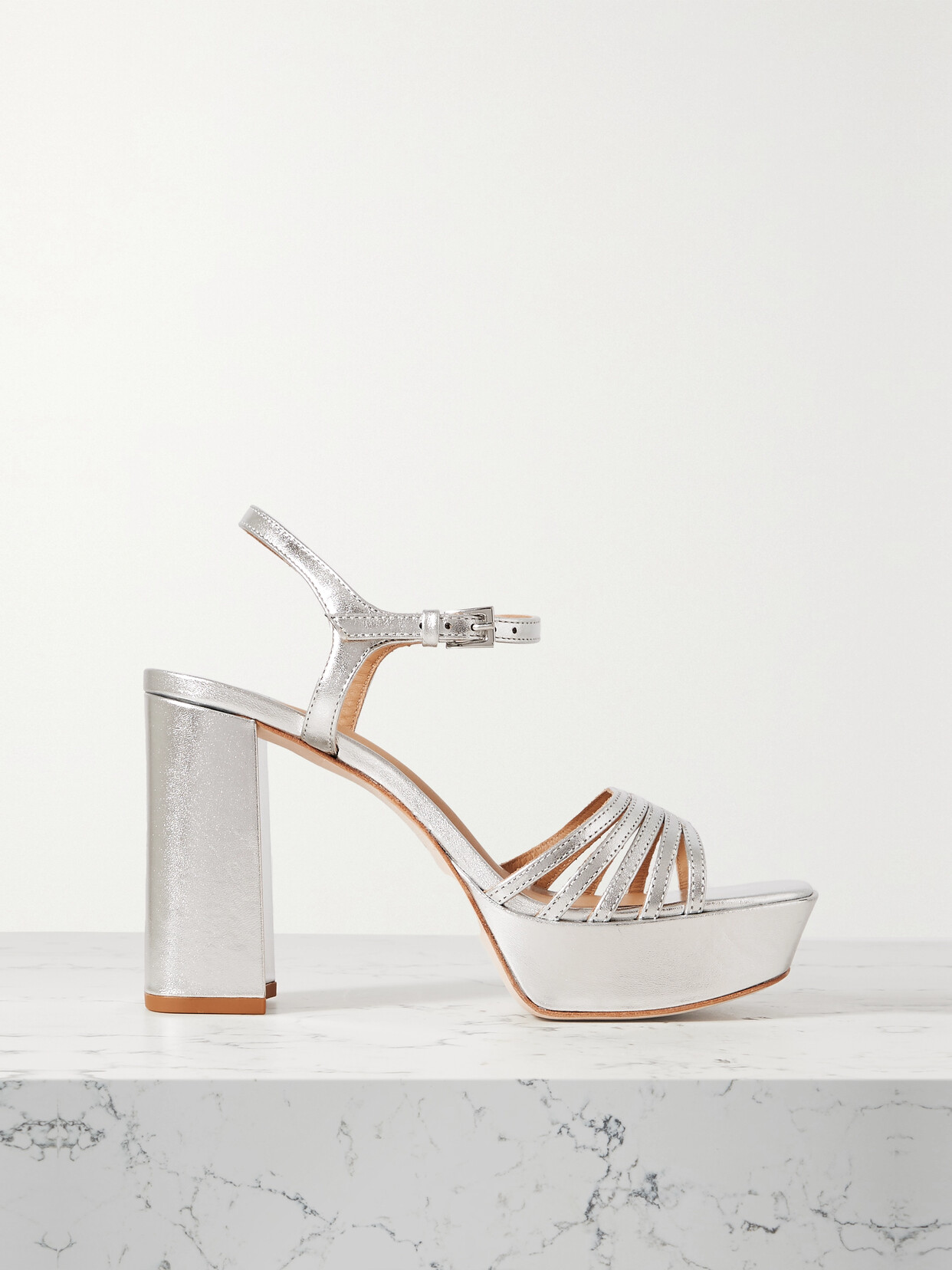 Reformation + Net Sustain Molly Metallic Leather Platform Sandals - Silver