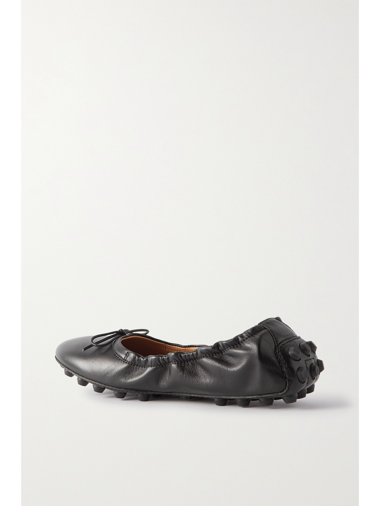 Tod's Black Leather Ballet Flats With Gathered Elasticized Trim In Black