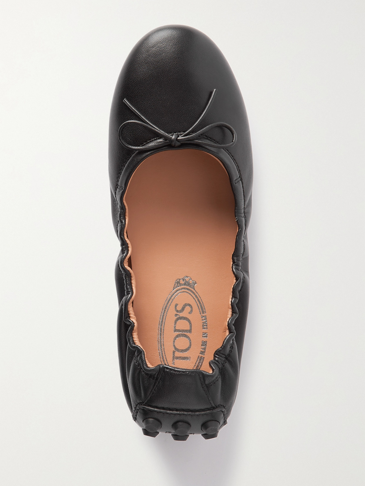 Tod's Black Leather Ballet Flats With Gathered Elasticized Trim In Black