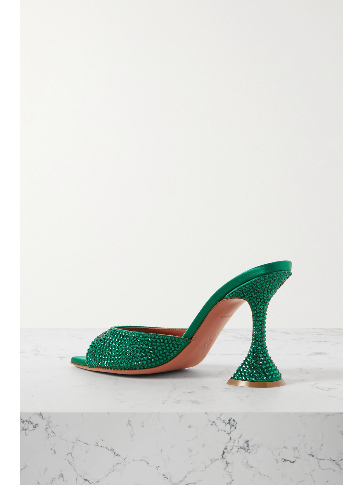 Shop Amina Muaddi Caroline Crystal-embellished Satin Mules In Green