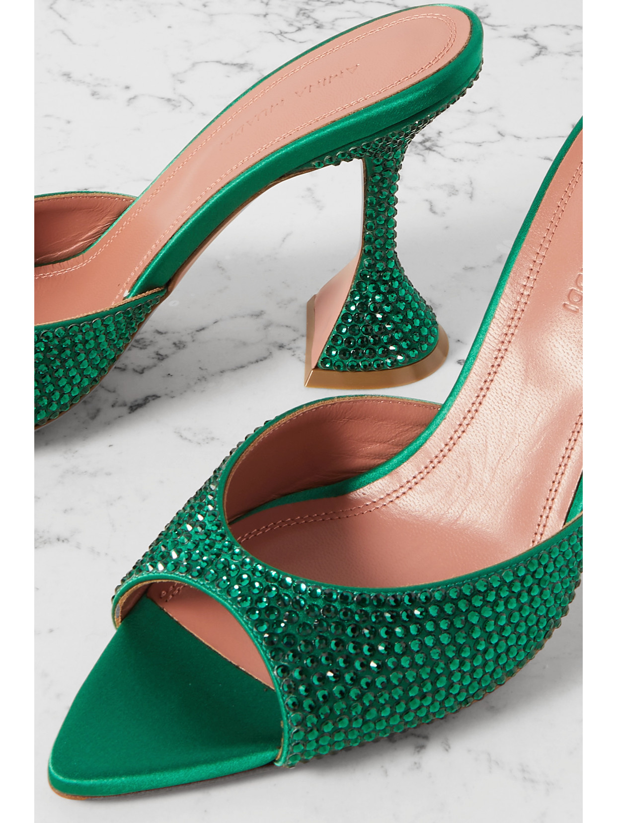 Shop Amina Muaddi Caroline Crystal-embellished Satin Mules In Green