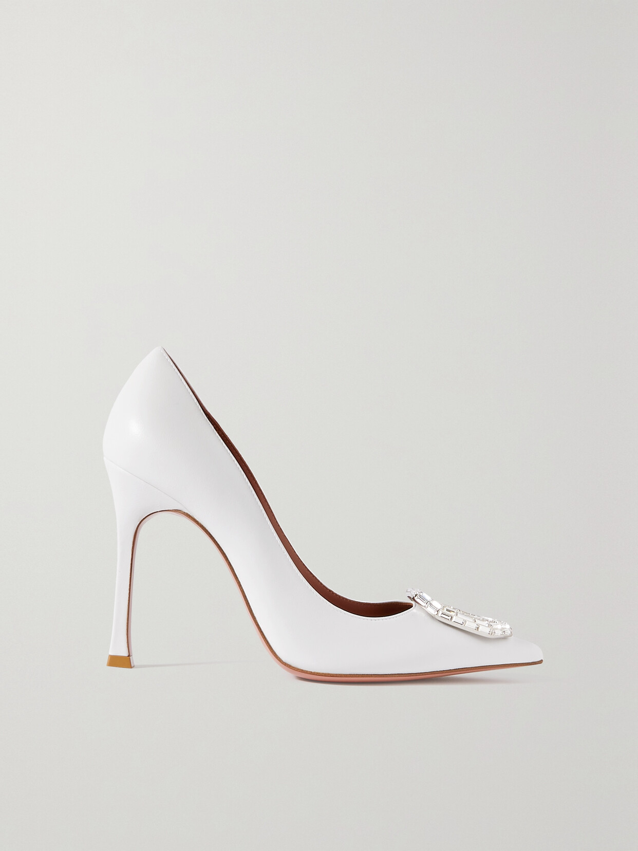 Shop Amina Muaddi Camelia Crystal-embellished Leather Pumps In White