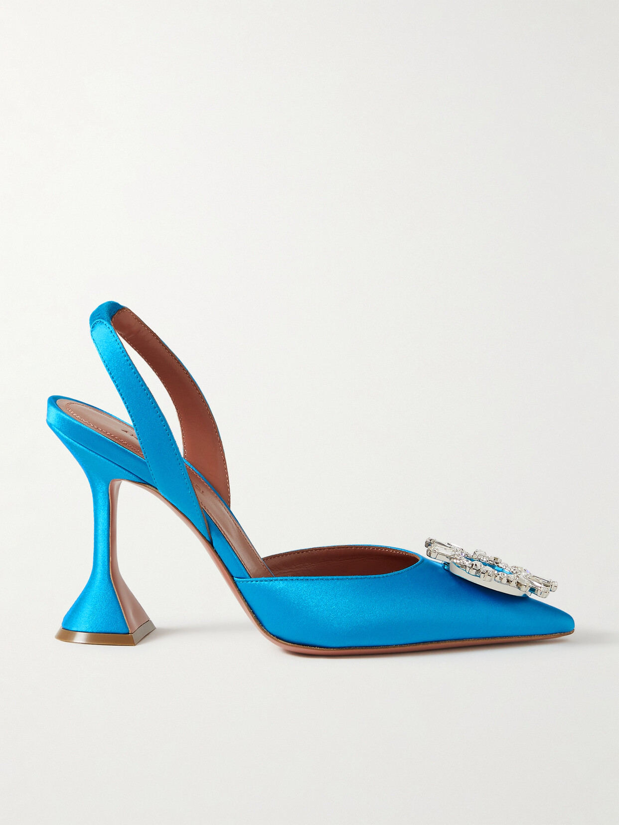 Amina Muaddi ‘begum' 95 Crystal Embellished Point Toe Satin Slingback Heels In Blue