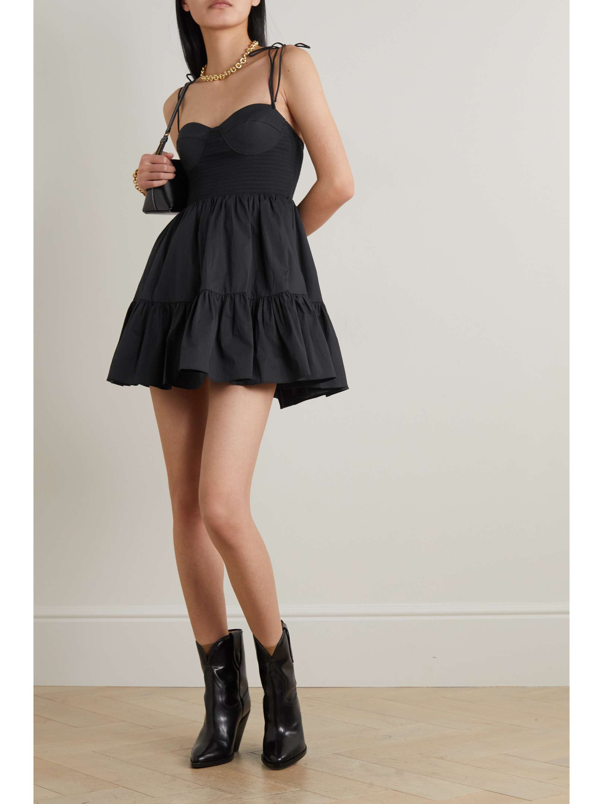 STAUD Landry open-back smocked tiered cotton-blend poplin mini dress
