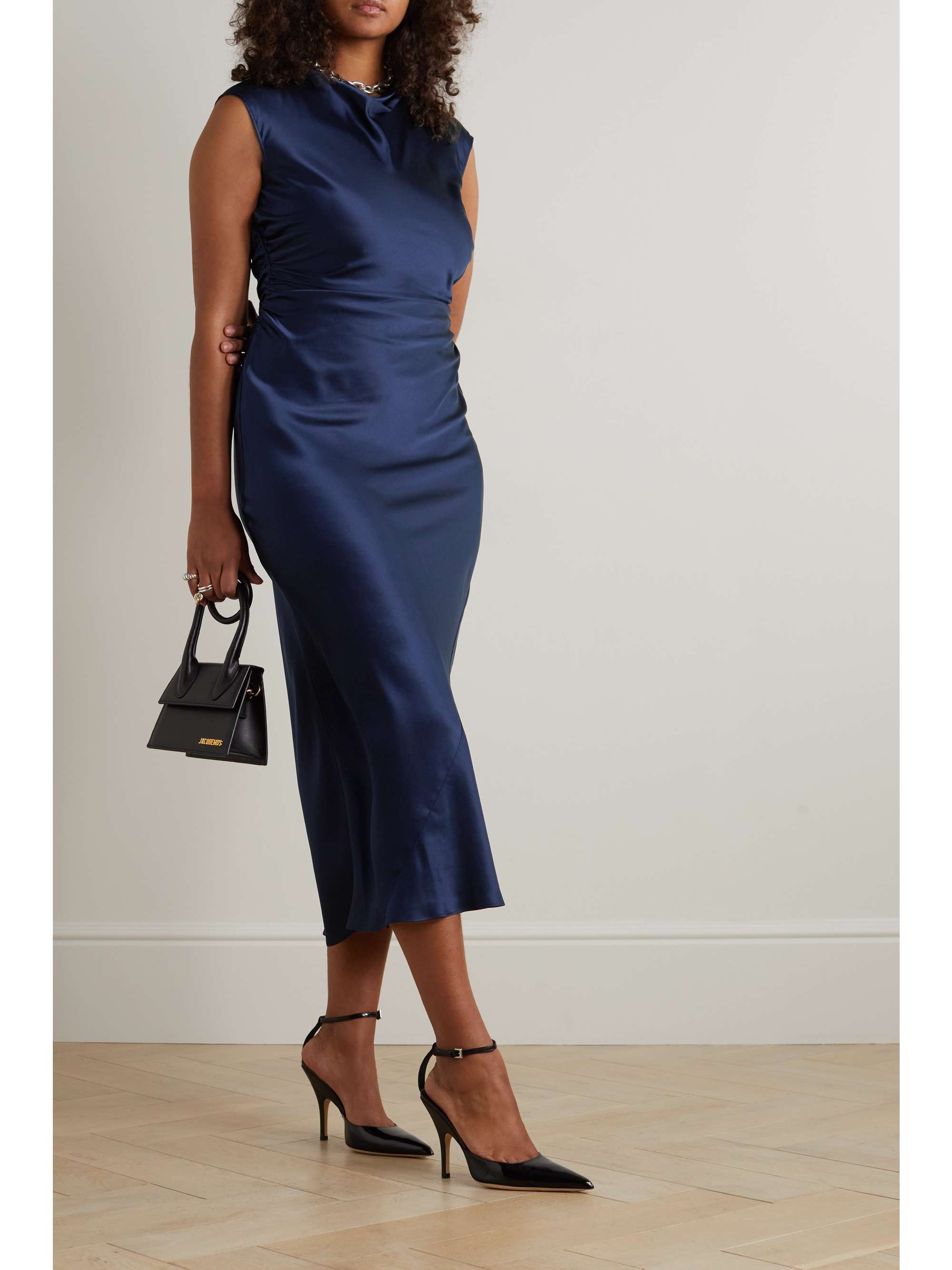 REFORMATION Veida ruched draped silk-satin midi dress | NET-A-PORTER