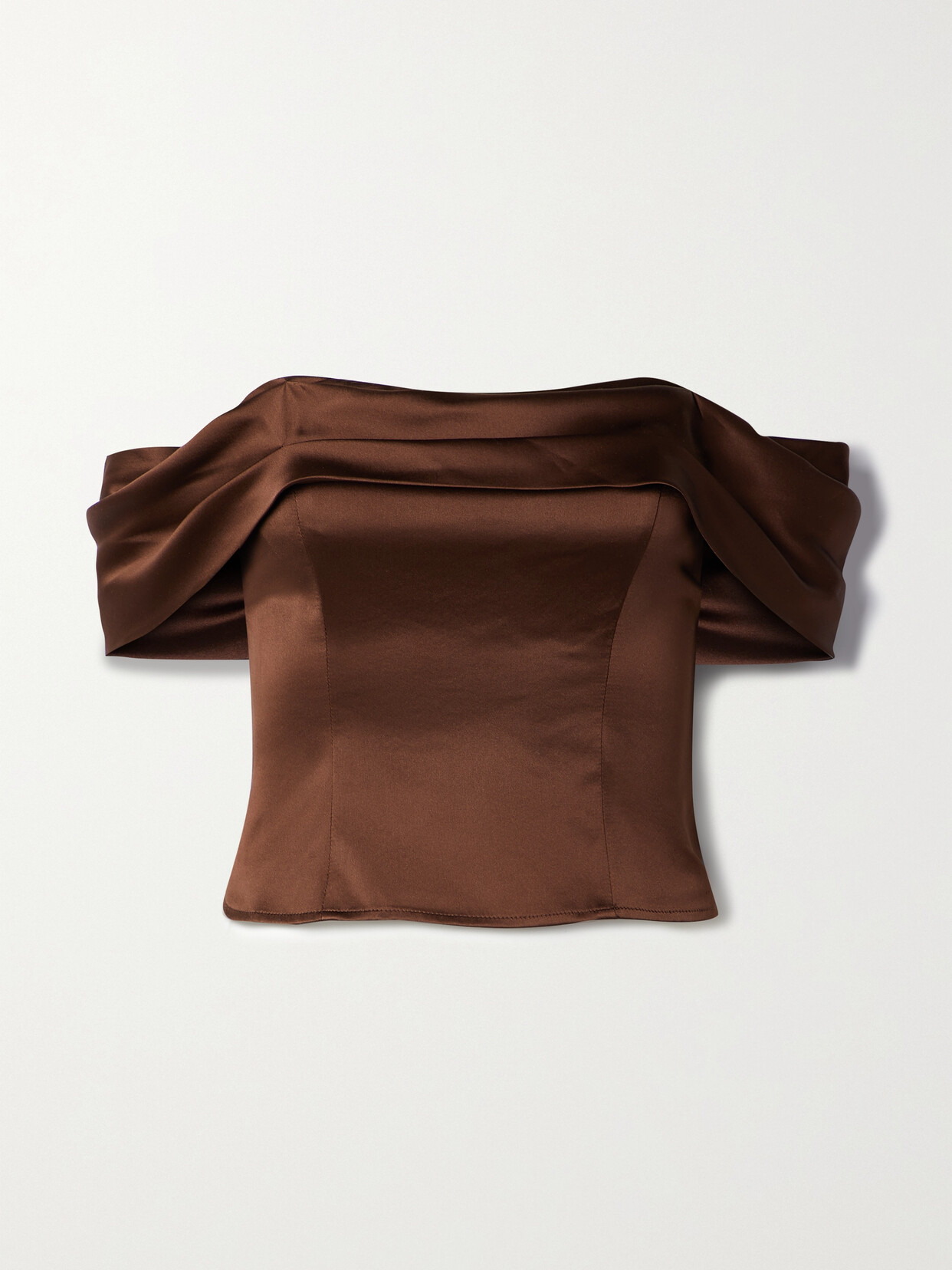 Reformation - Lux Off-the-shoulder Pleated Silk-satin Top - Brown
