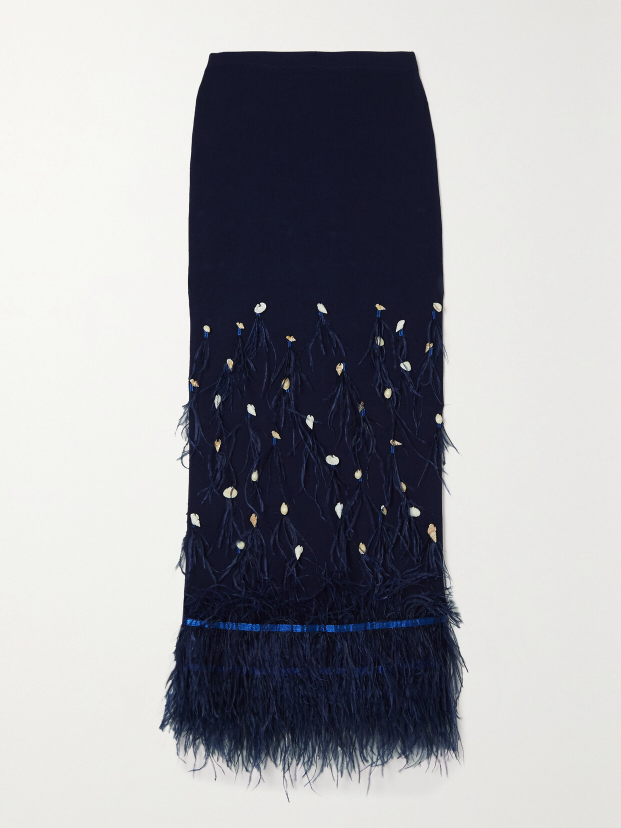 STAUD - Makayla Embellished Feather-trimmed Ribbed-knit Midi Skirt - Blue