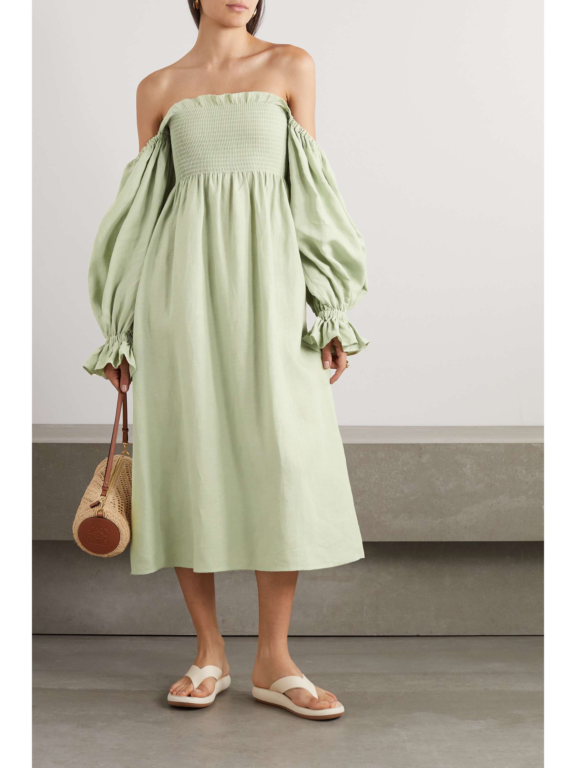 SLEEPER + NET SUSTAIN Atlanta off-the-shoulder shirred organic linen midi  dress | NET-A-PORTER
