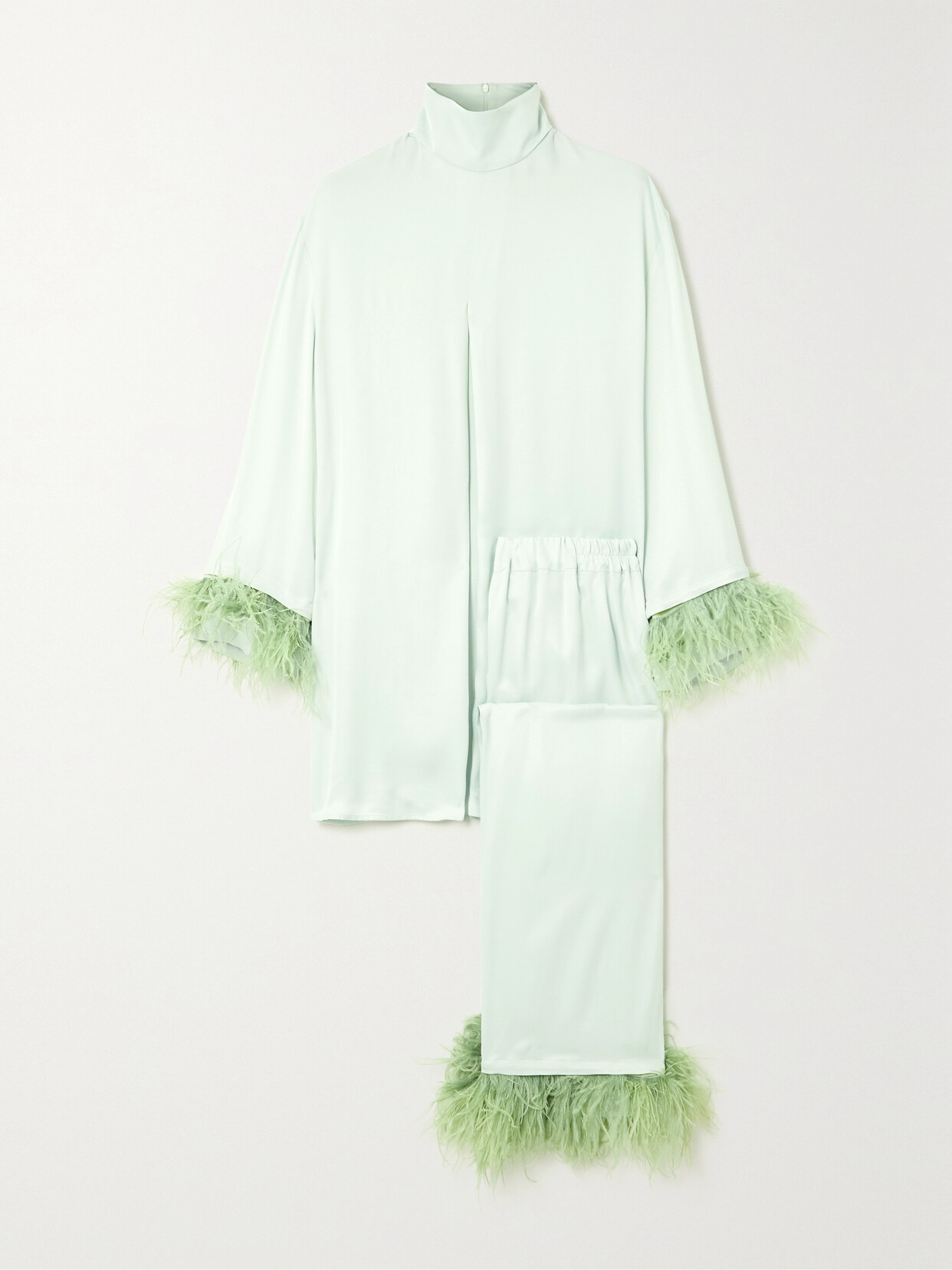 Sleeper + Net Sustain Feather-trimmed Satin Pajama Set In Green