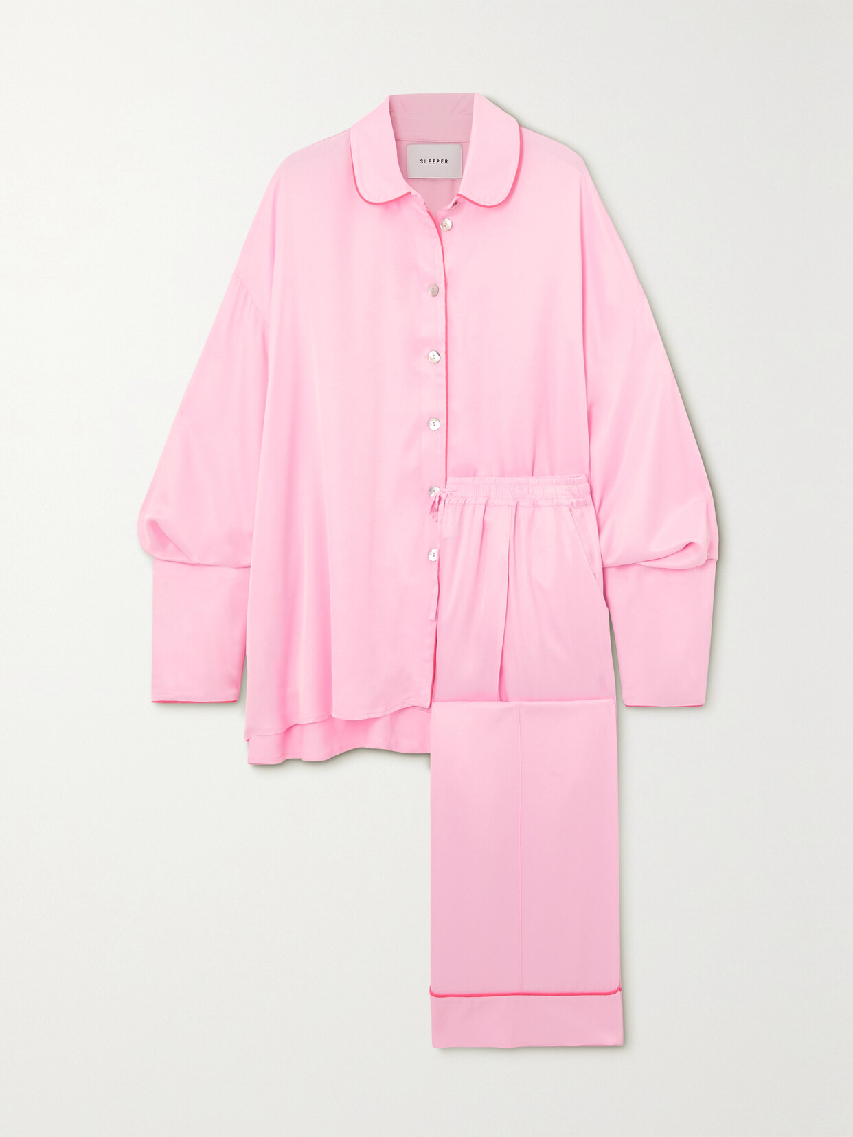 Sleeper - + Net Sustain Pastelle Oversized Piped Satin Pajama Set - Pink