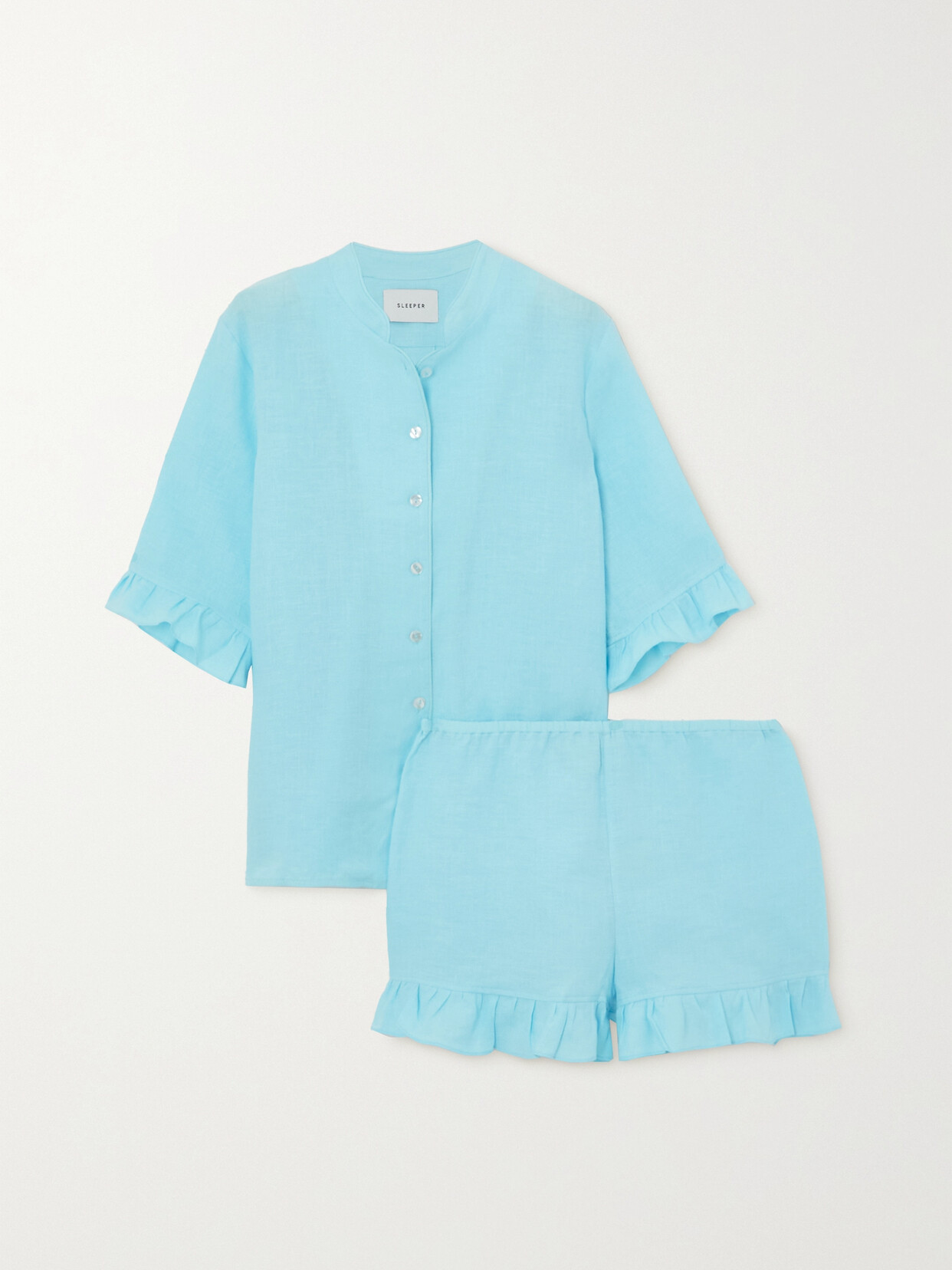 Sleeper + Net Sustain Lounge Suit Ruffled Organic Linen Pajama Set In Blue