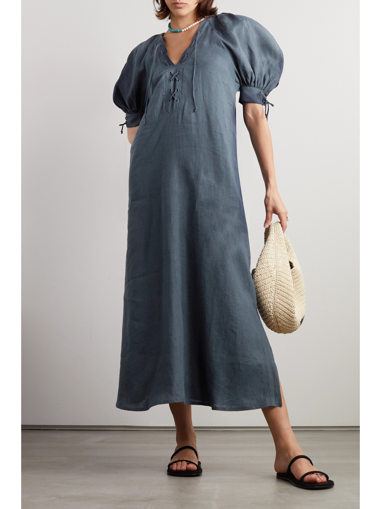 Shop Sleeper + Net Sustain Garden Organic Linen Midi Dress In Blue