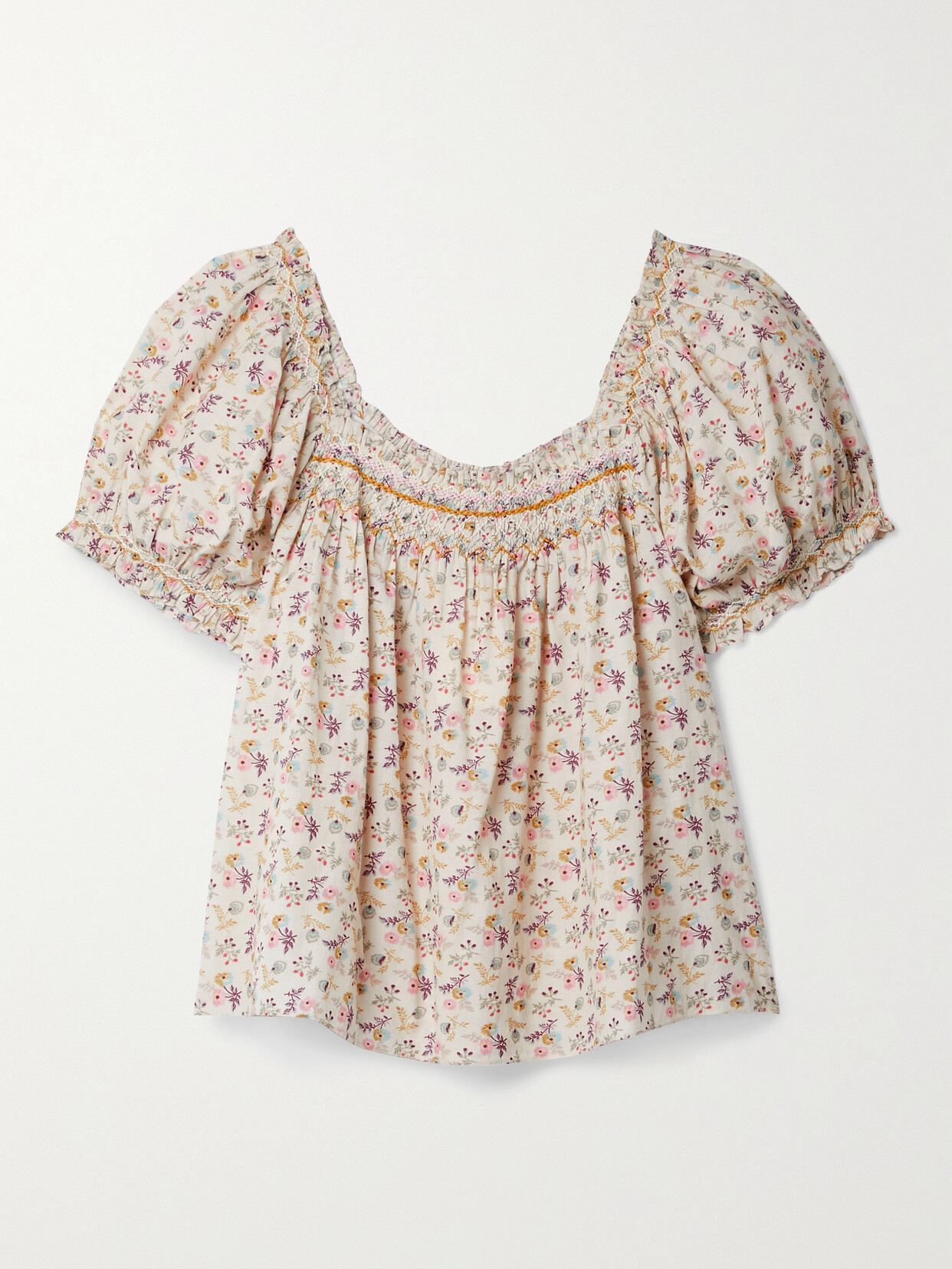 DÔEN - + Net Sustain Portia Shirred Floral-print Organic Cotton-blend Voile Blouse - Neutrals