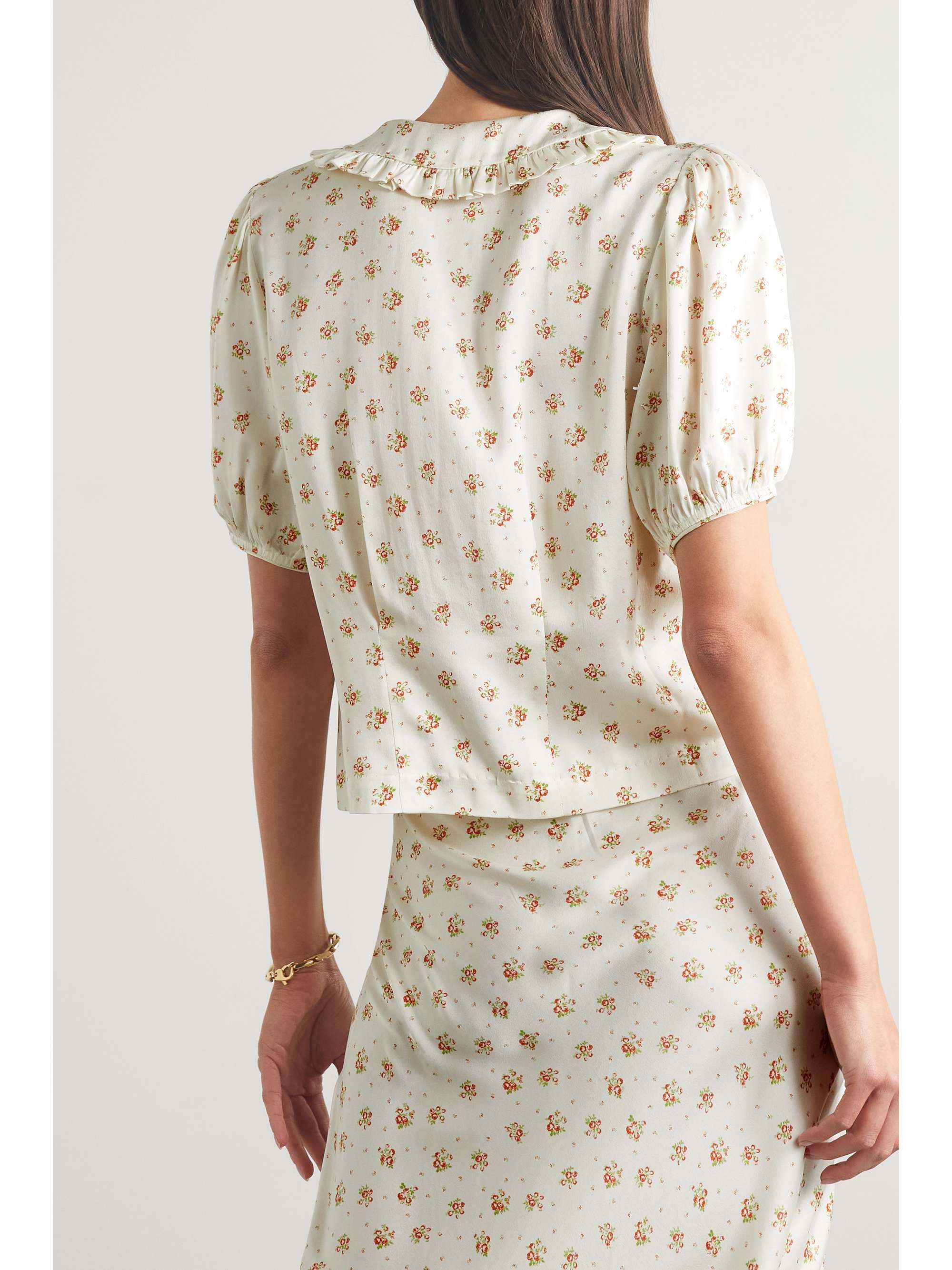 DÔEN Bel ruffled floral-print silk-charmeuse blouse