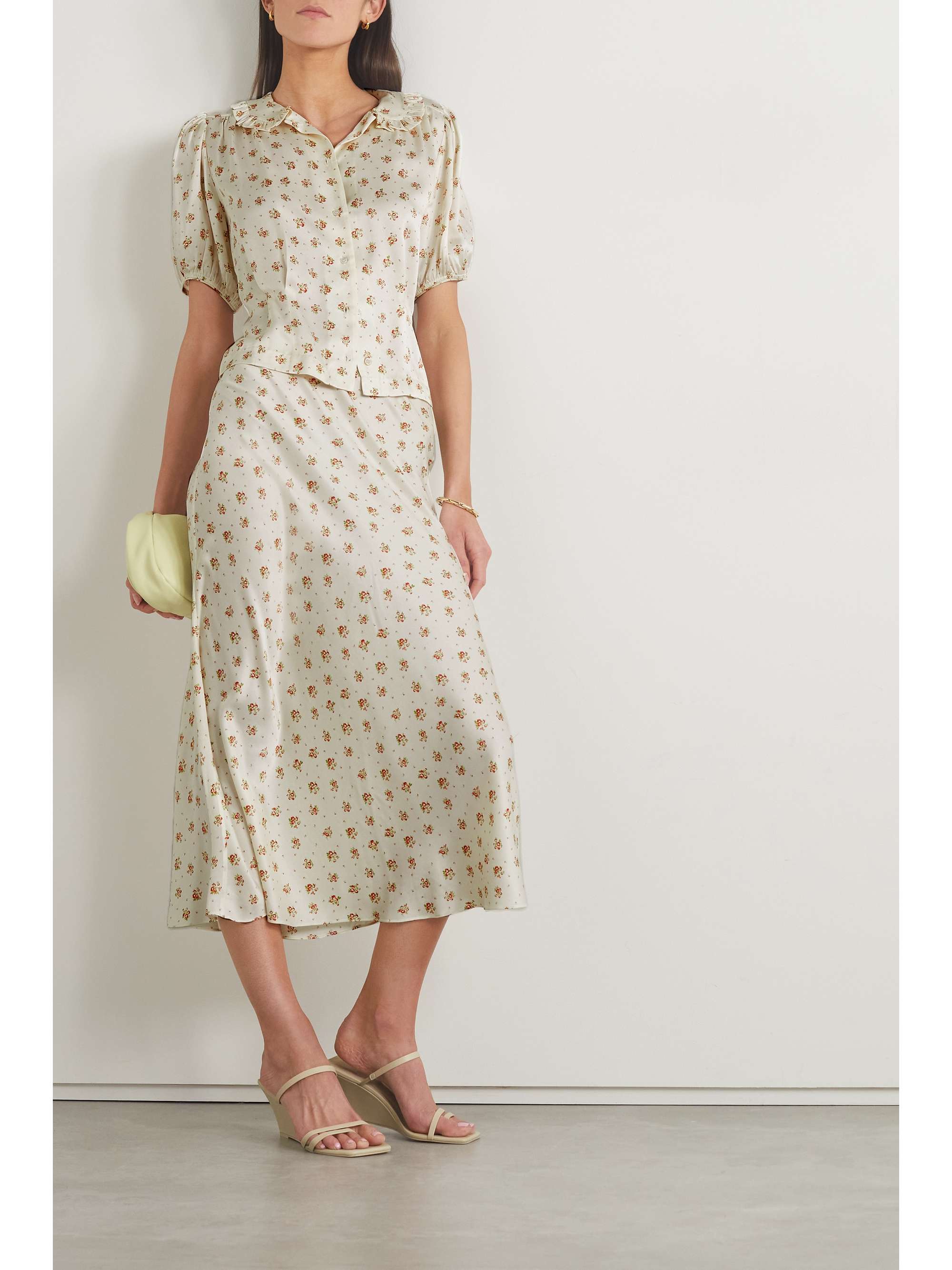 DÔEN Bel ruffled floral-print silk-charmeuse blouse