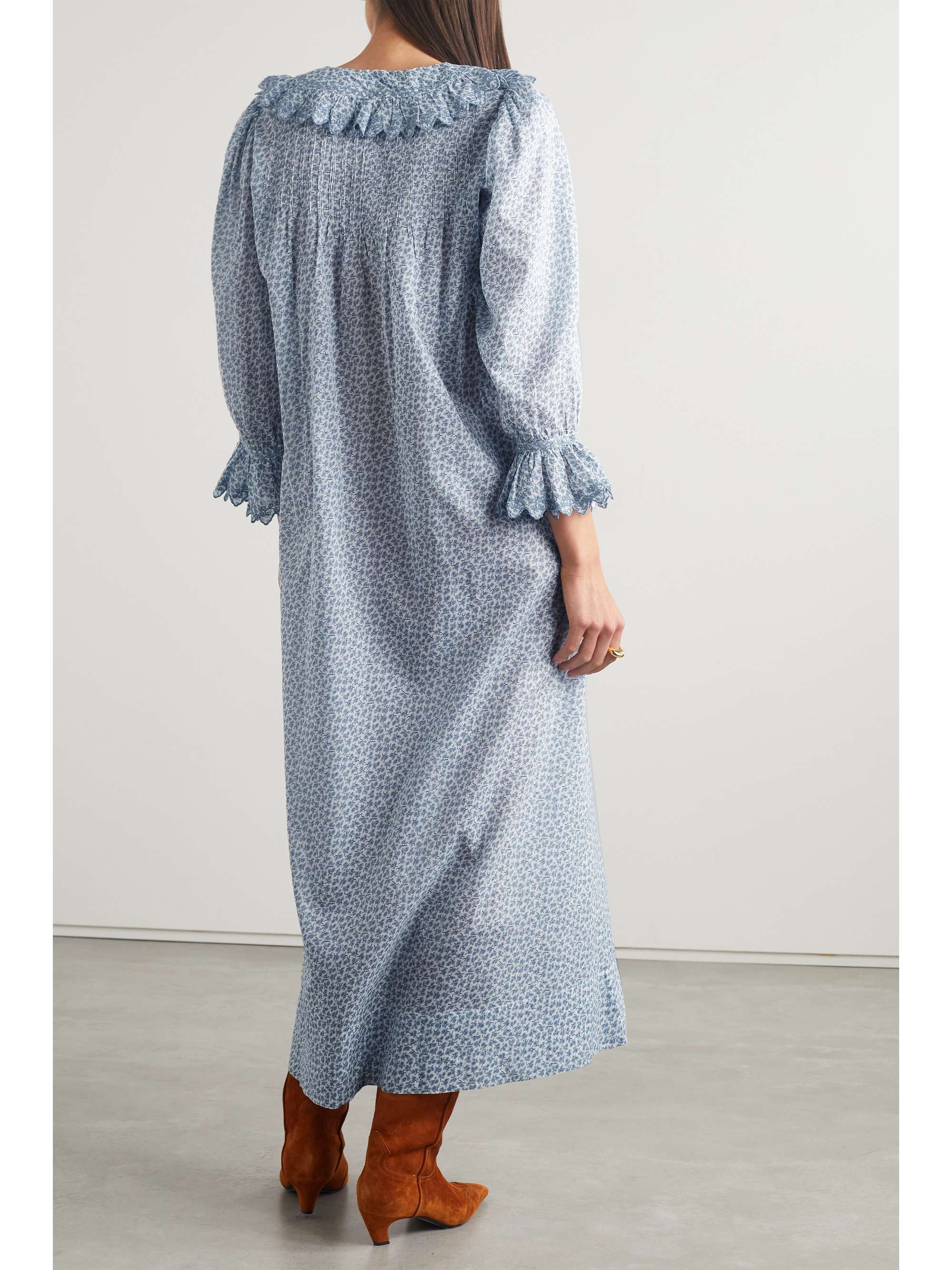 DÔEN Helena belted embroidered floral-print organic cotton-voile midi dress