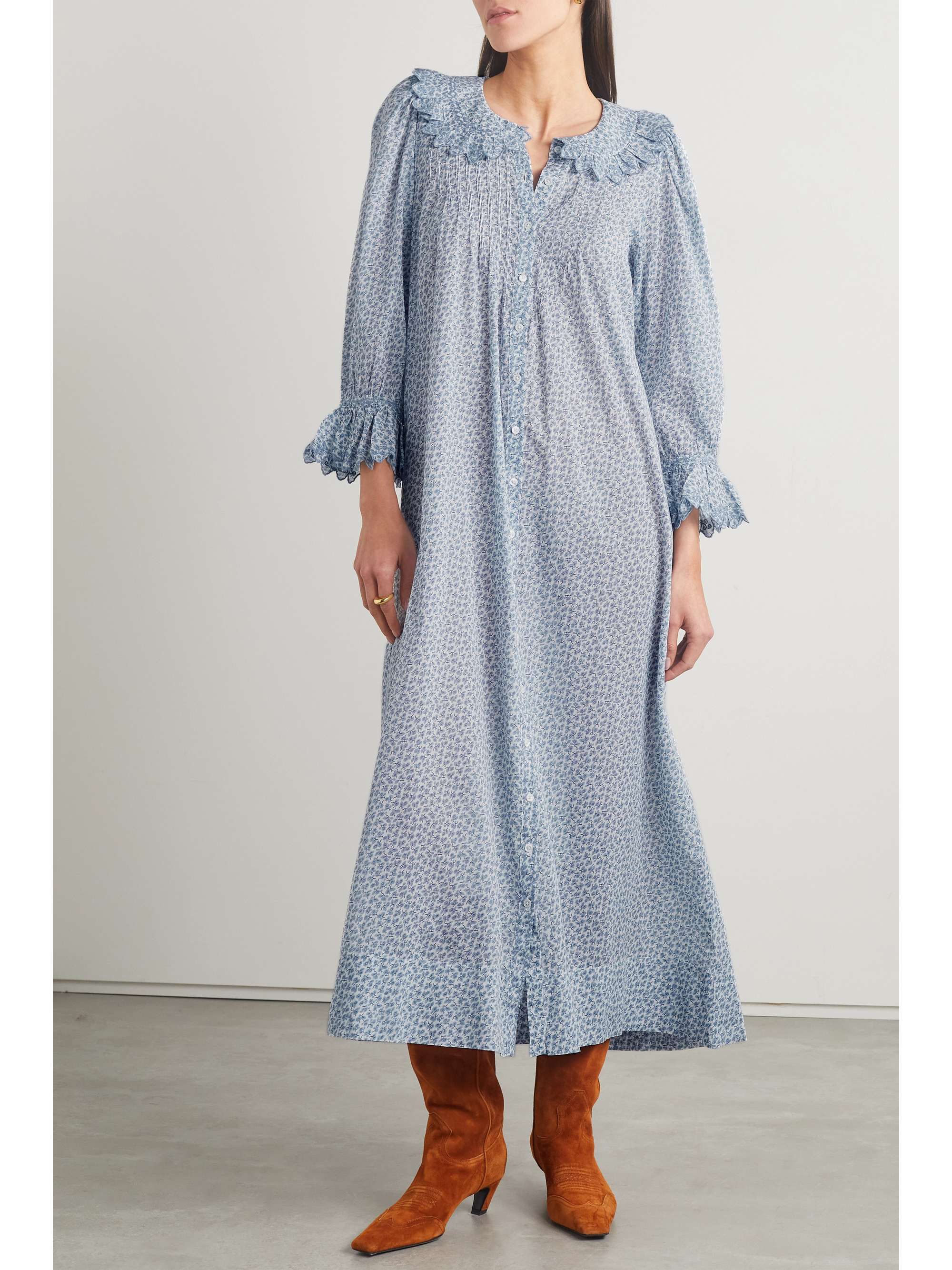 DÔEN Helena belted embroidered floral-print organic cotton-voile midi dress