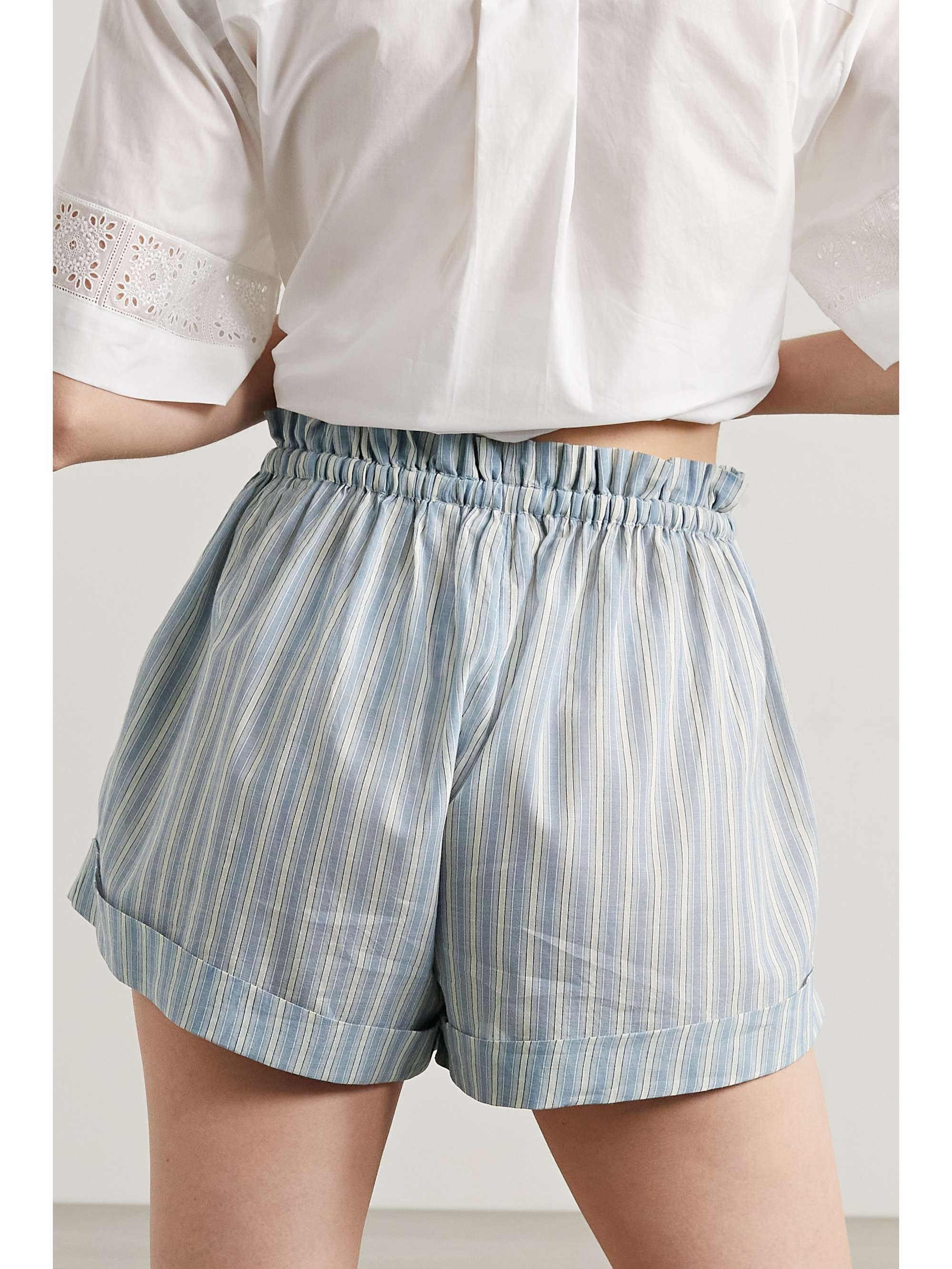 DÔEN Blaze ruffled striped organic cotton shorts