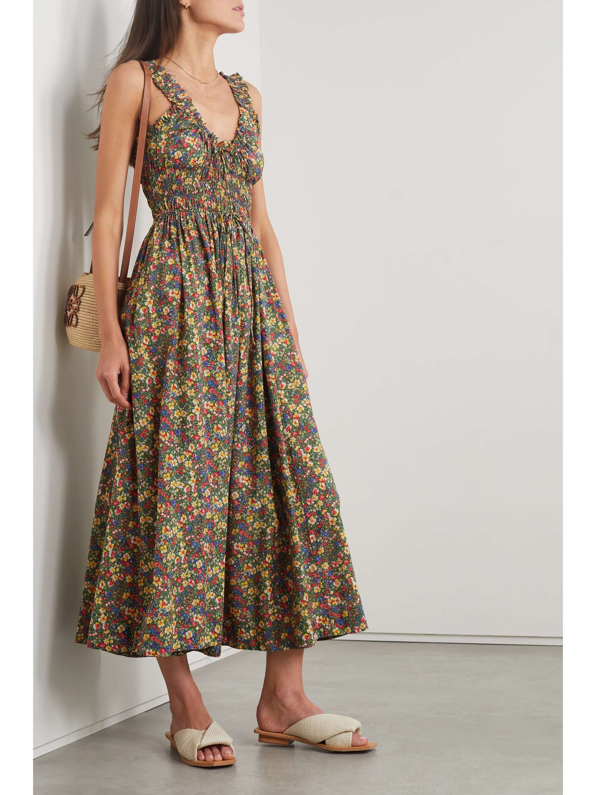 DÔEN Emmaretta shirred floral-print organic cotton-blend voile midi dress