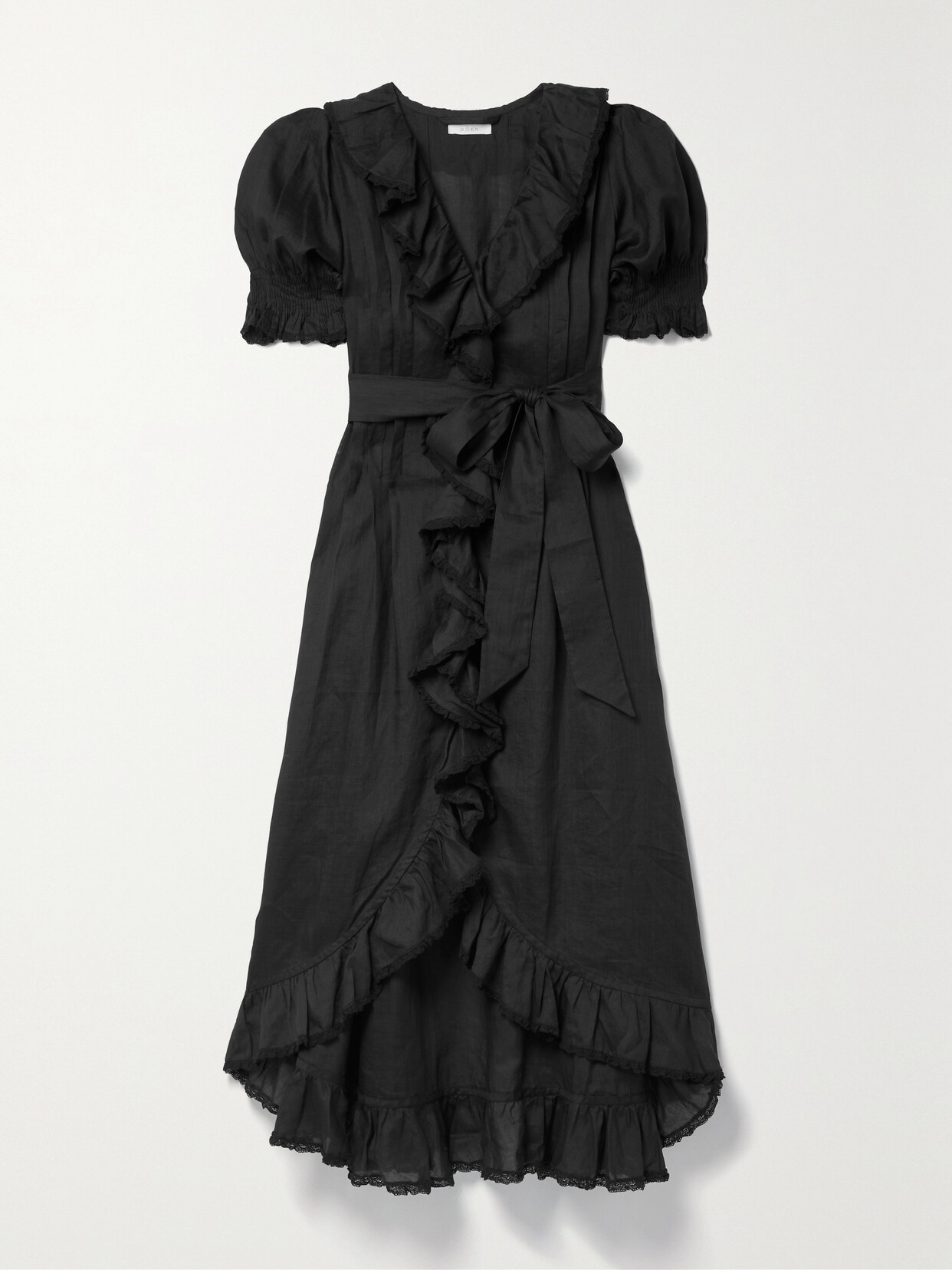 DÔEN - Nanou Belted Ruffled Ramie Midi Dress - Black