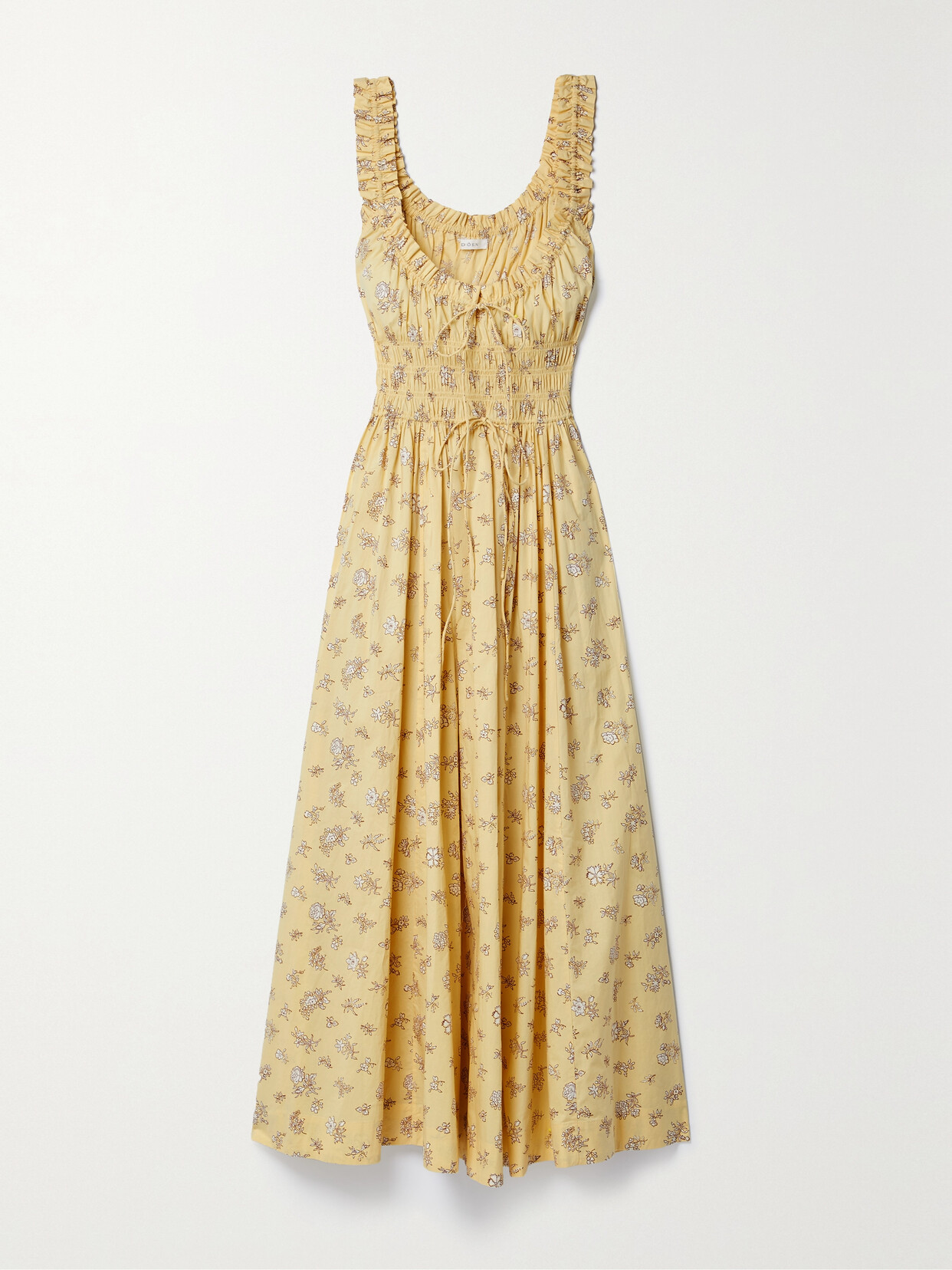 DÔEN - + Net Sustain Emmaretta Shirred Floral-print Organic Cotton-poplin Midi Dress - Yellow