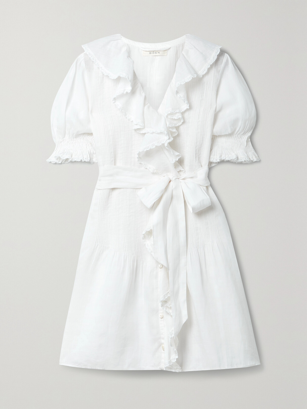 DOEN PIPER BELTED RUFFLED RAMIE MINI DRESS 