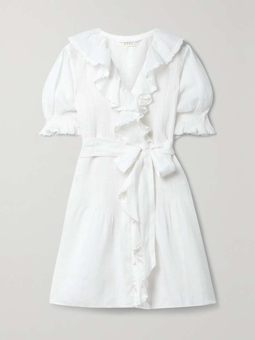 DÔEN Piper Belted Ruffled Ramie Mini Dress - x large